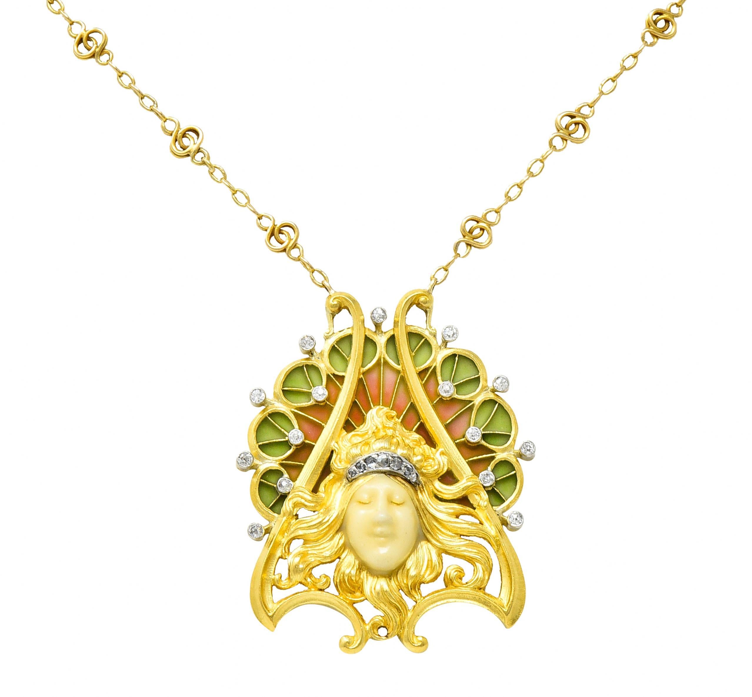 French Art Nouveau Diamond Plique-A-Jour Enamel Platinum 18 Karat Gold Necklace in vendita 9