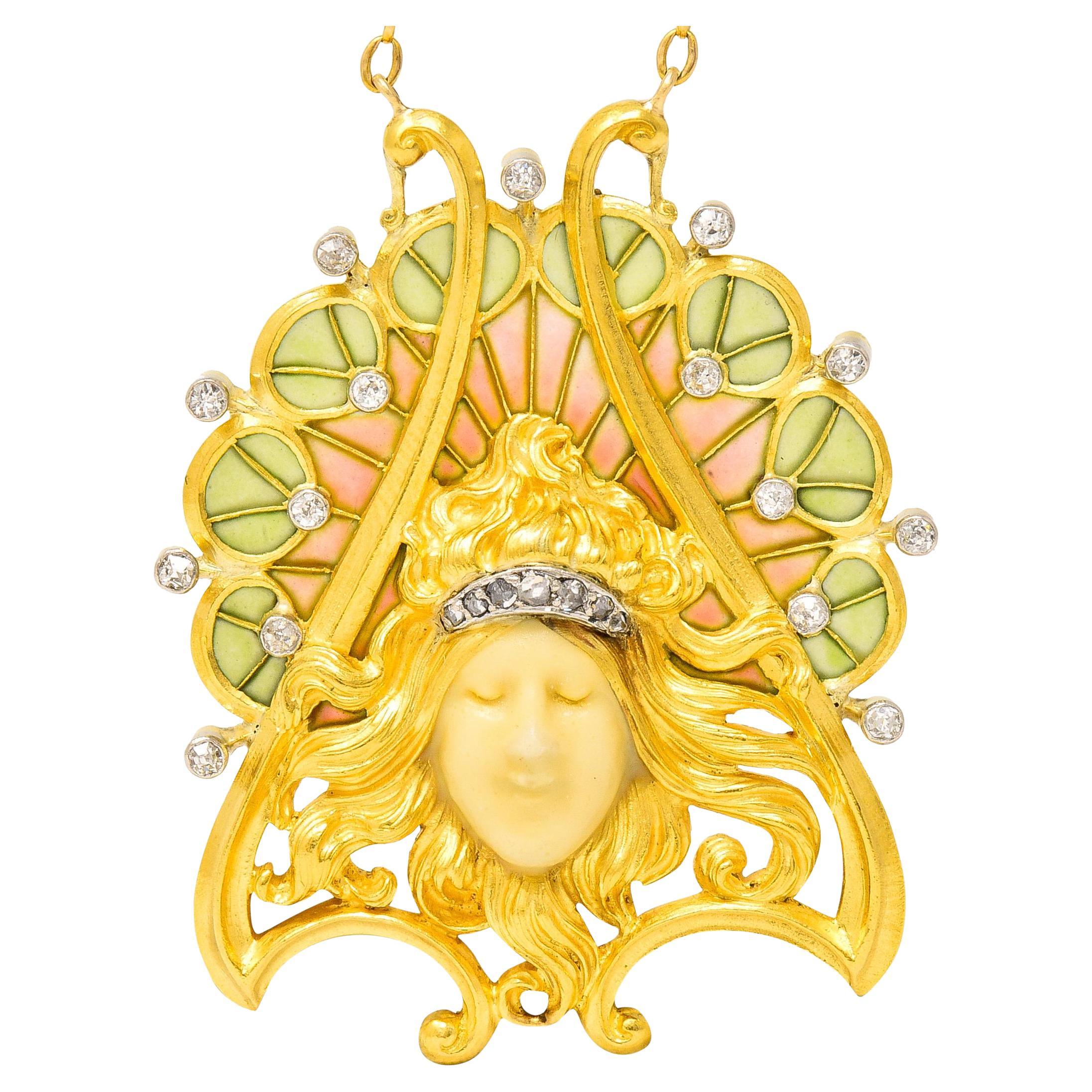 French Art Nouveau Diamond Plique-A-Jour Enamel Platinum 18 Karat Gold Necklace