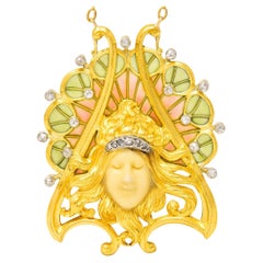 French Art Nouveau Diamond Plique-A-Jour Enamel Platinum 18 Karat Gold Necklace