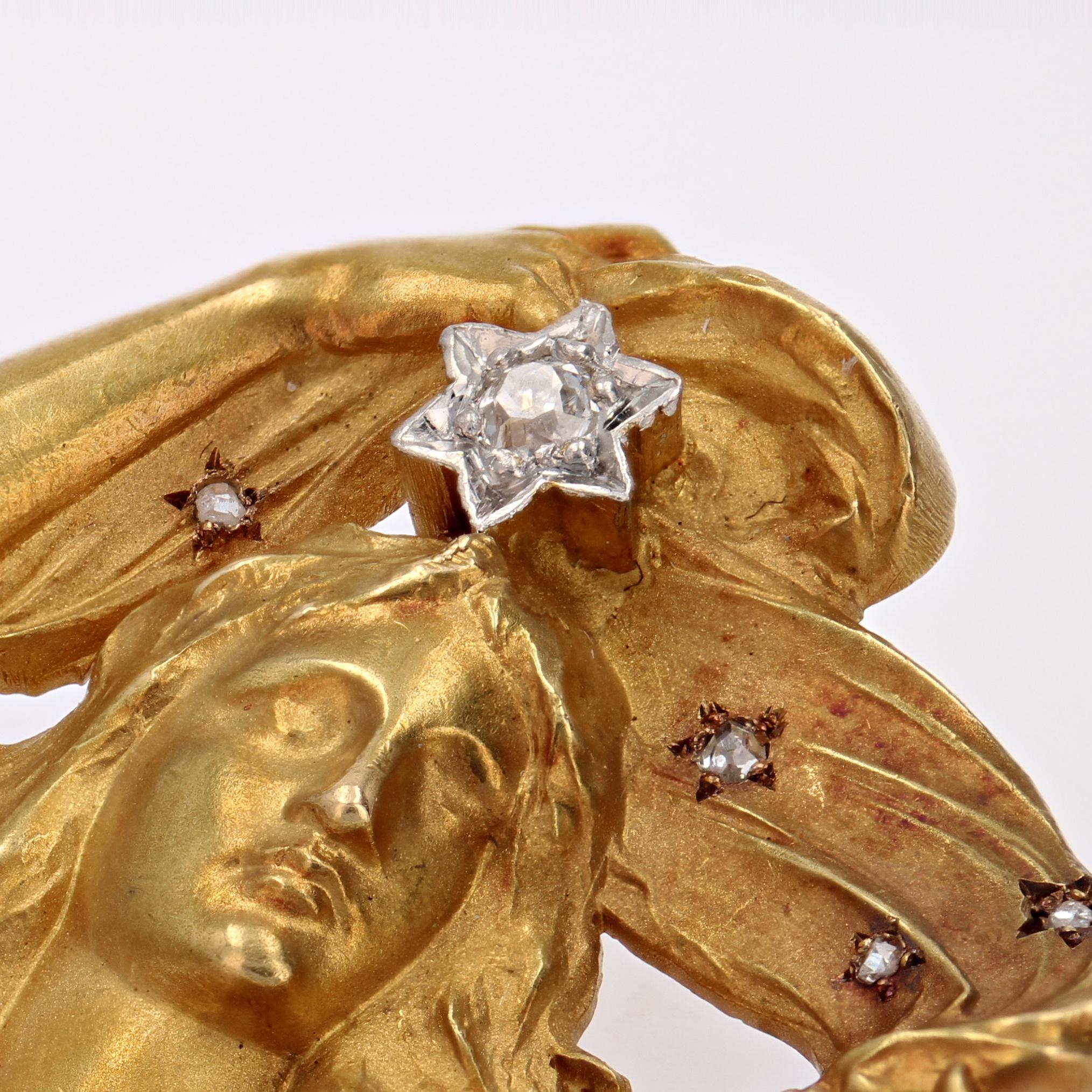 French Art Nouveau Diamonds 18 Karat Yellow Gold Woman's Portrait Vernon Brooch 3
