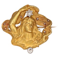 French Art Nouveau Diamonds 18 Karat Yellow Gold Woman's Portrait Vernon Brooch