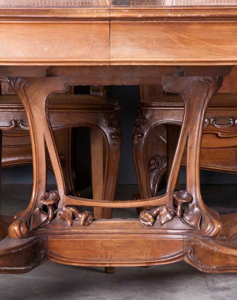 French Art Nouveau Dining Room Set, Carved Walnut from 'Dienst' 12