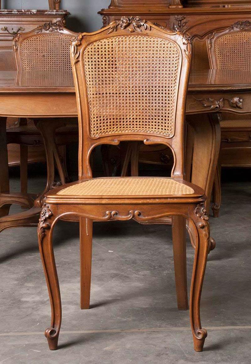 French Art Nouveau Dining Room Set, Carved Walnut from 'Dienst' 13