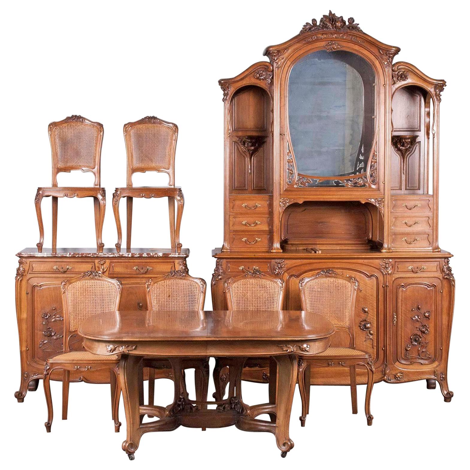 French Art Nouveau Dining Room Set, Carved Walnut from 'Dienst'