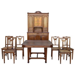 French Art Nouveau Dining Room Set in Carved Walnut, circa 1900