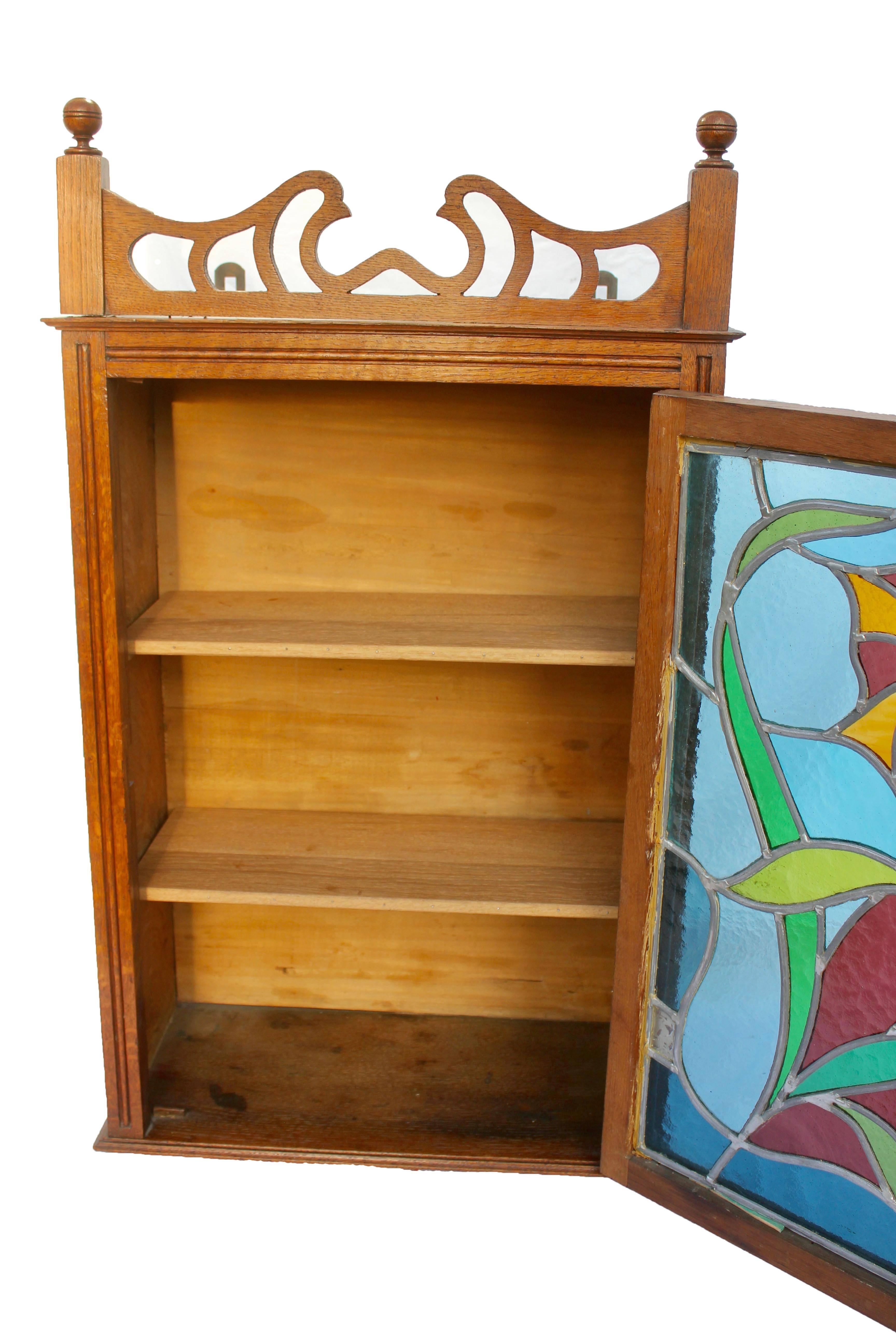 Hand-Carved French Art Nouveau Display Case Cabinet with Colored Stained Glass