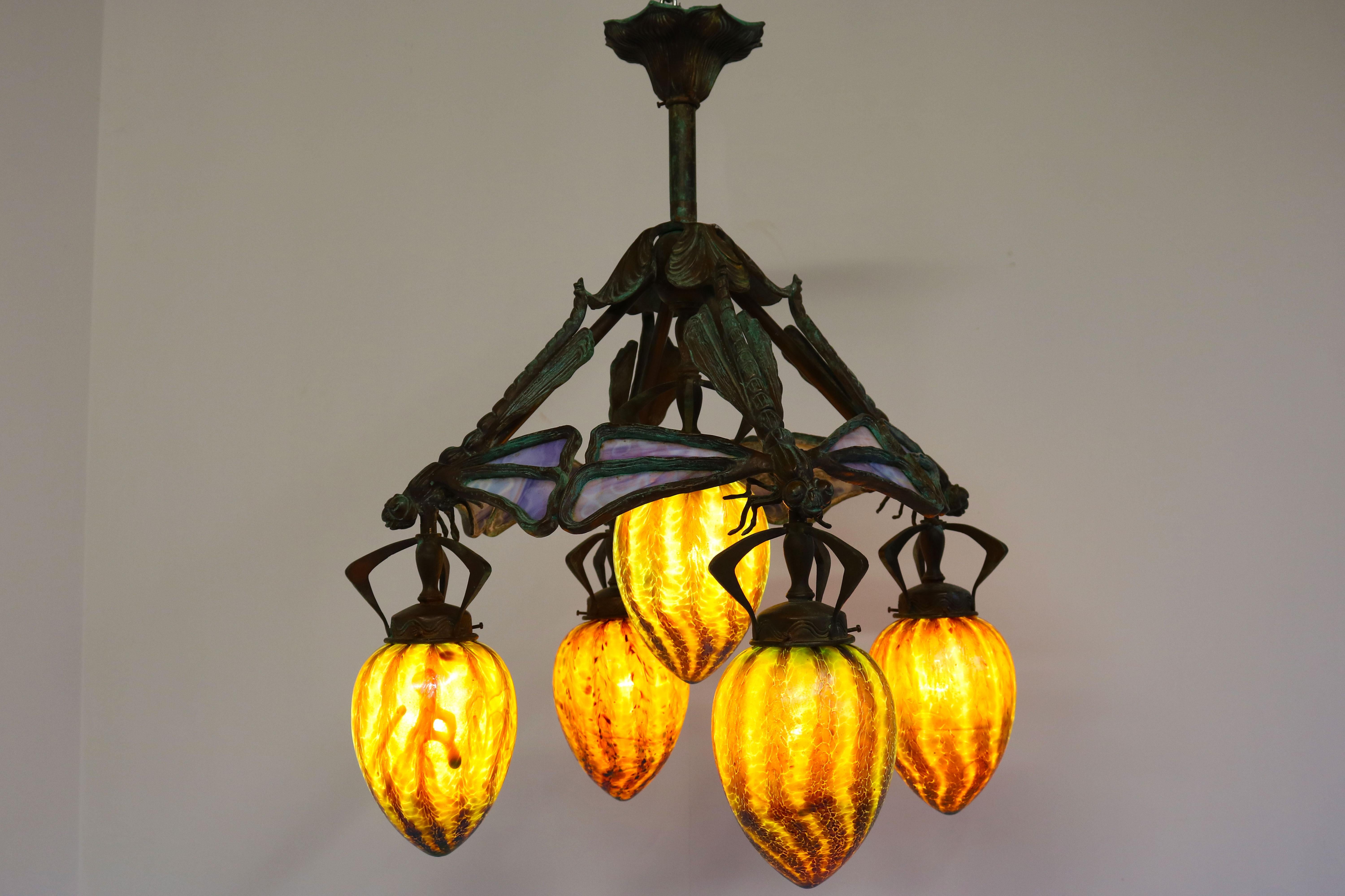French Art Nouveau dragonfly chandelier 1900 Jugendstil Bronze Iridescent Glass 7