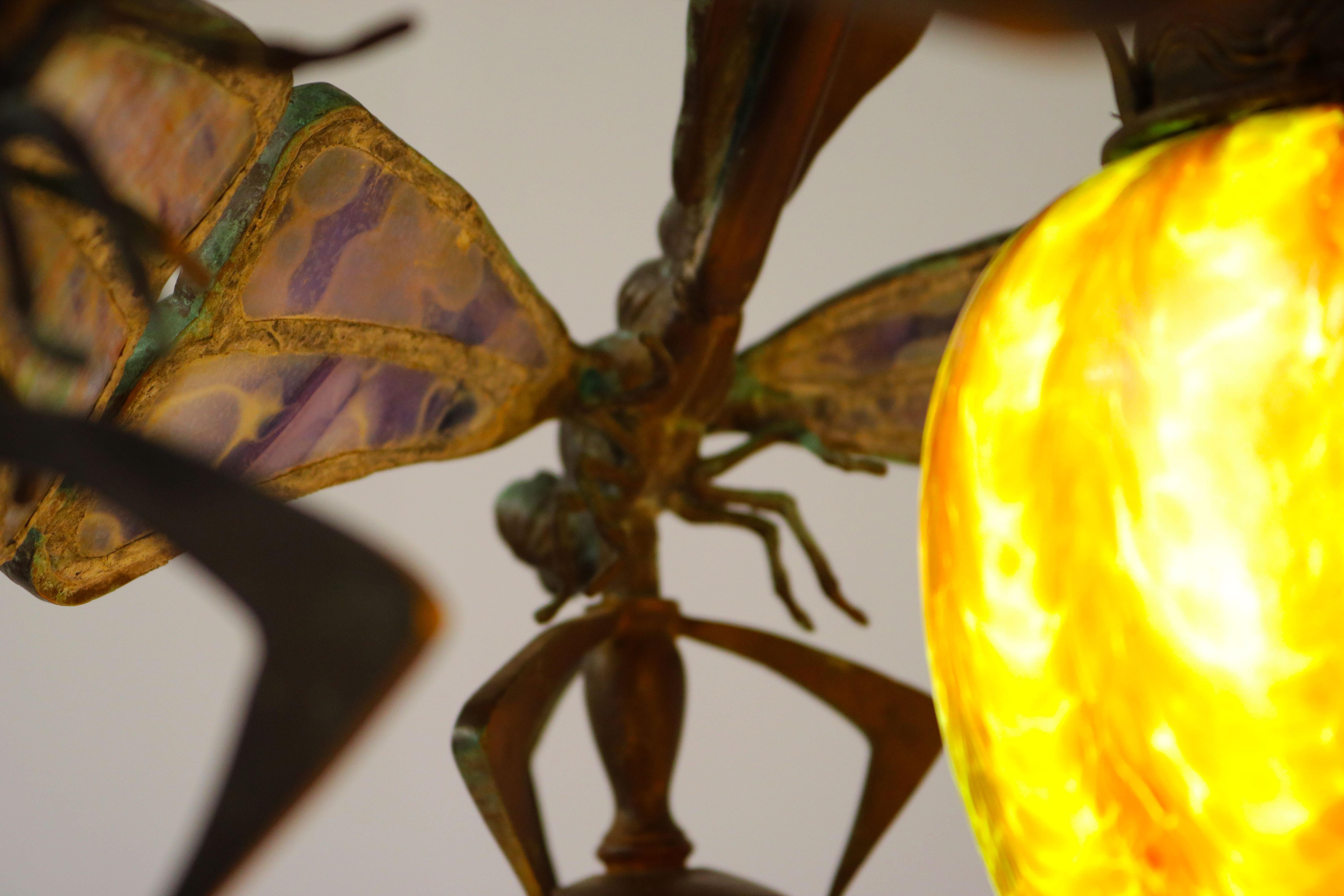 French Art Nouveau dragonfly chandelier 1900 Jugendstil Bronze Iridescent Glass 8