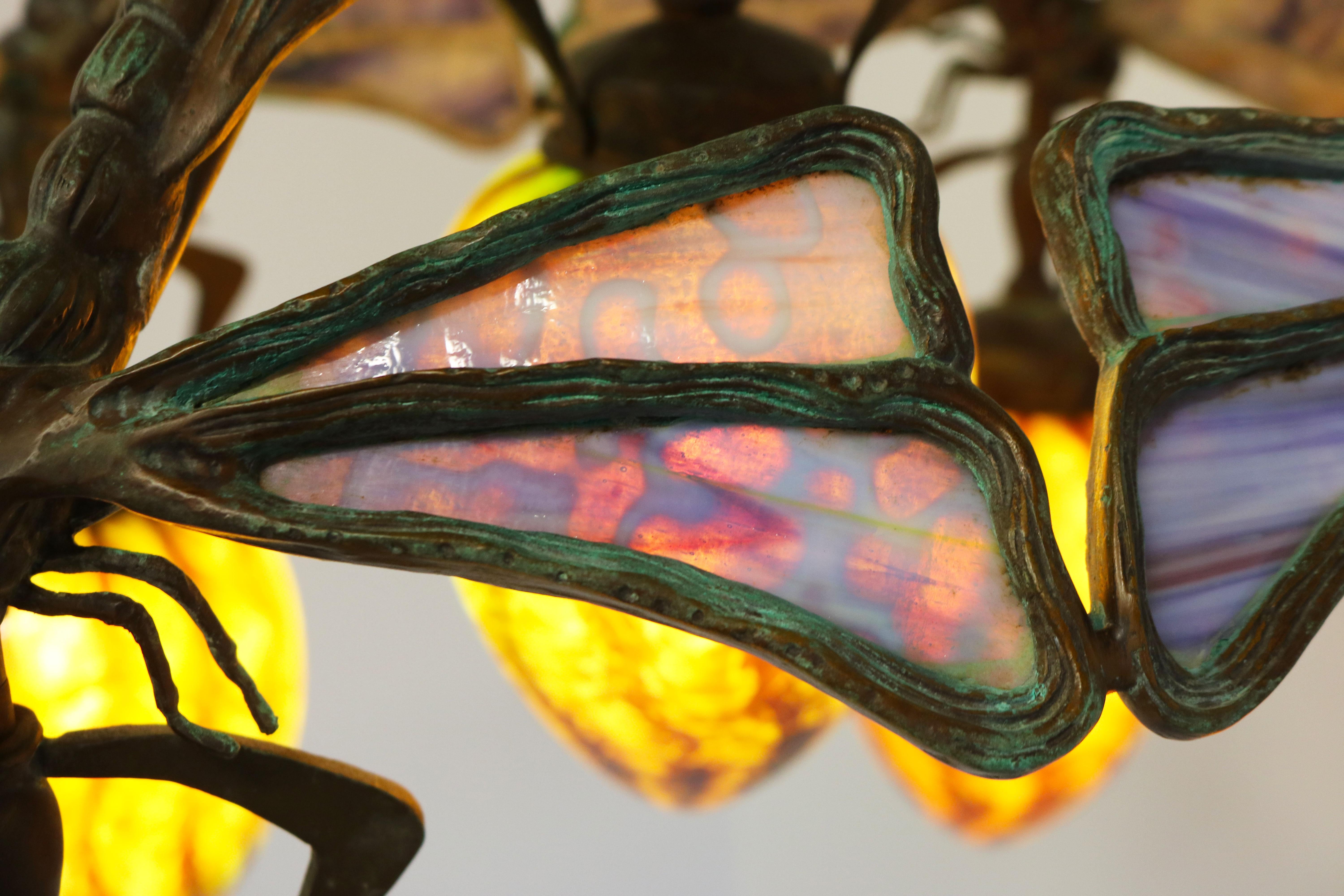 French Art Nouveau dragonfly chandelier 1900 Jugendstil Bronze Iridescent Glass 9