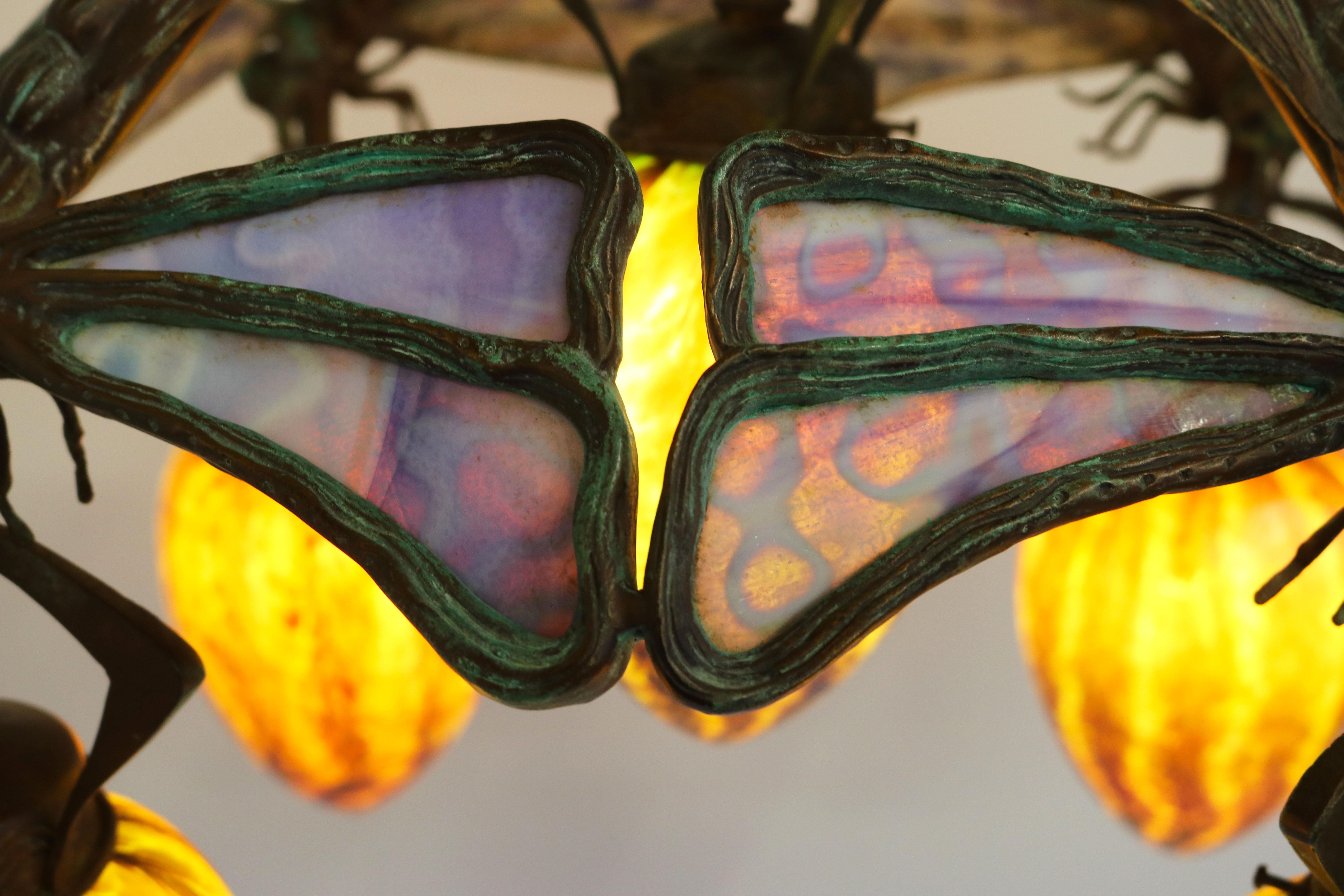 French Art Nouveau dragonfly chandelier 1900 Jugendstil Bronze Iridescent Glass 10