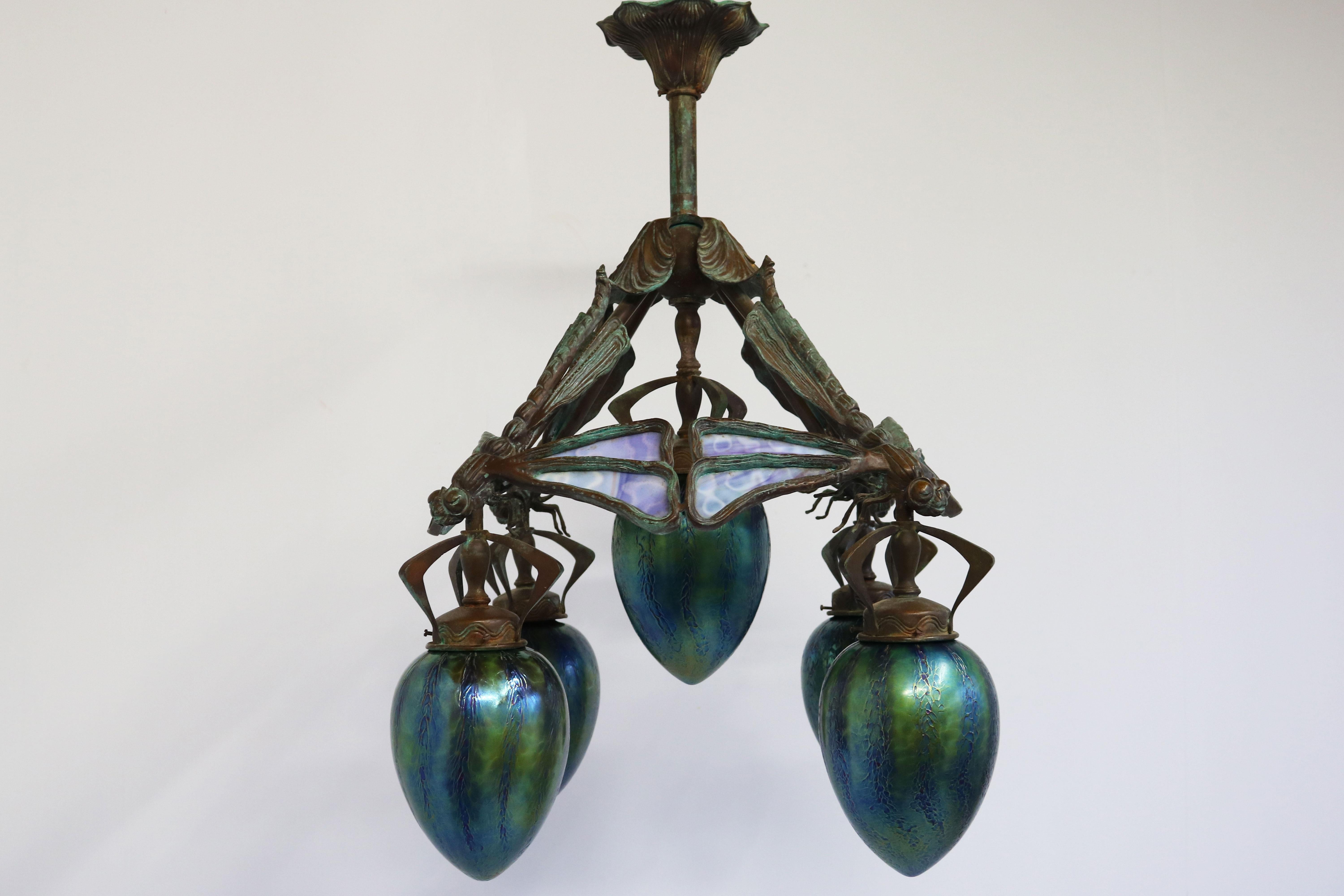 French Art Nouveau dragonfly chandelier 1900 Jugendstil Bronze Iridescent Glass 15