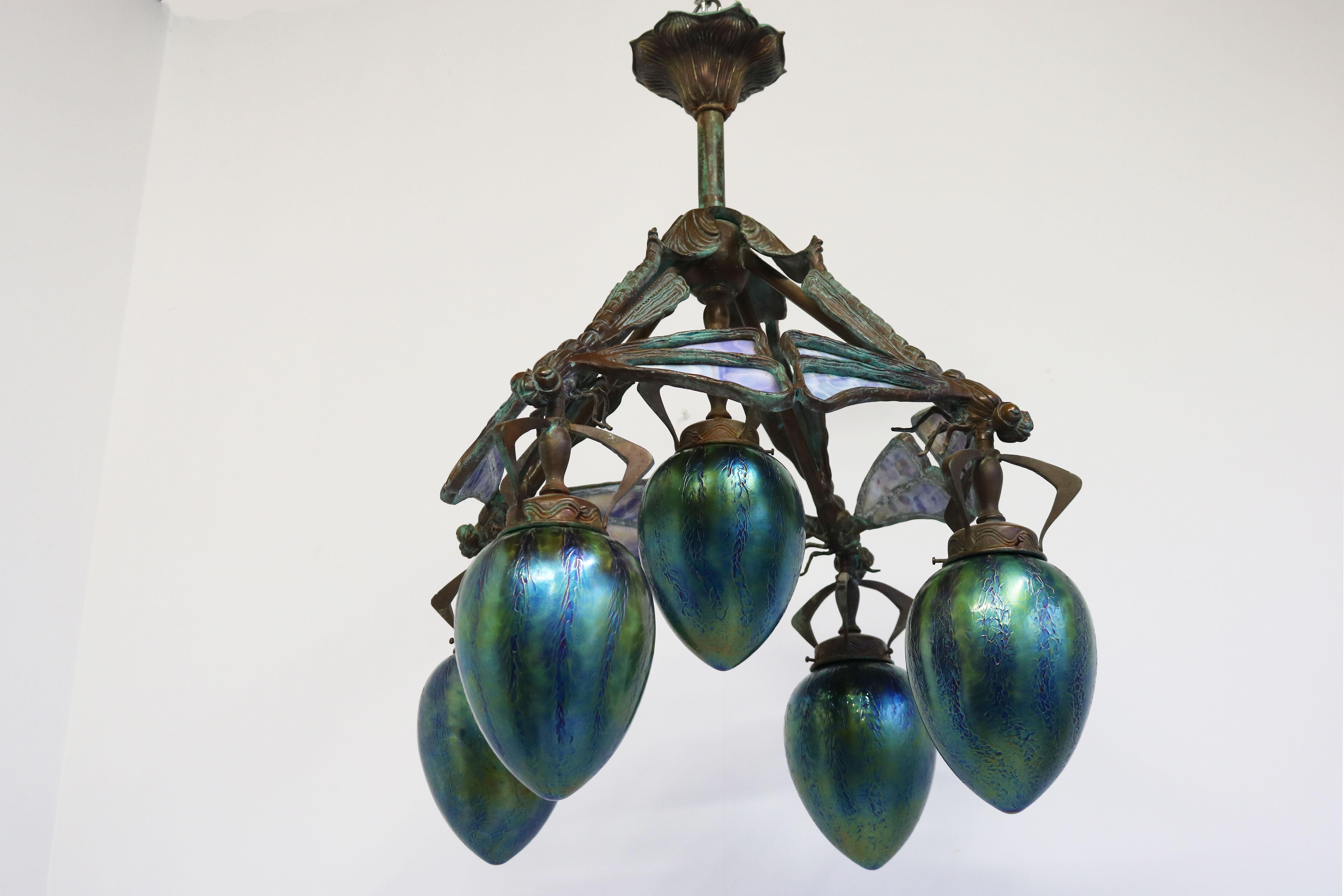 French Art Nouveau dragonfly chandelier 1900 Jugendstil Bronze Iridescent Glass 16
