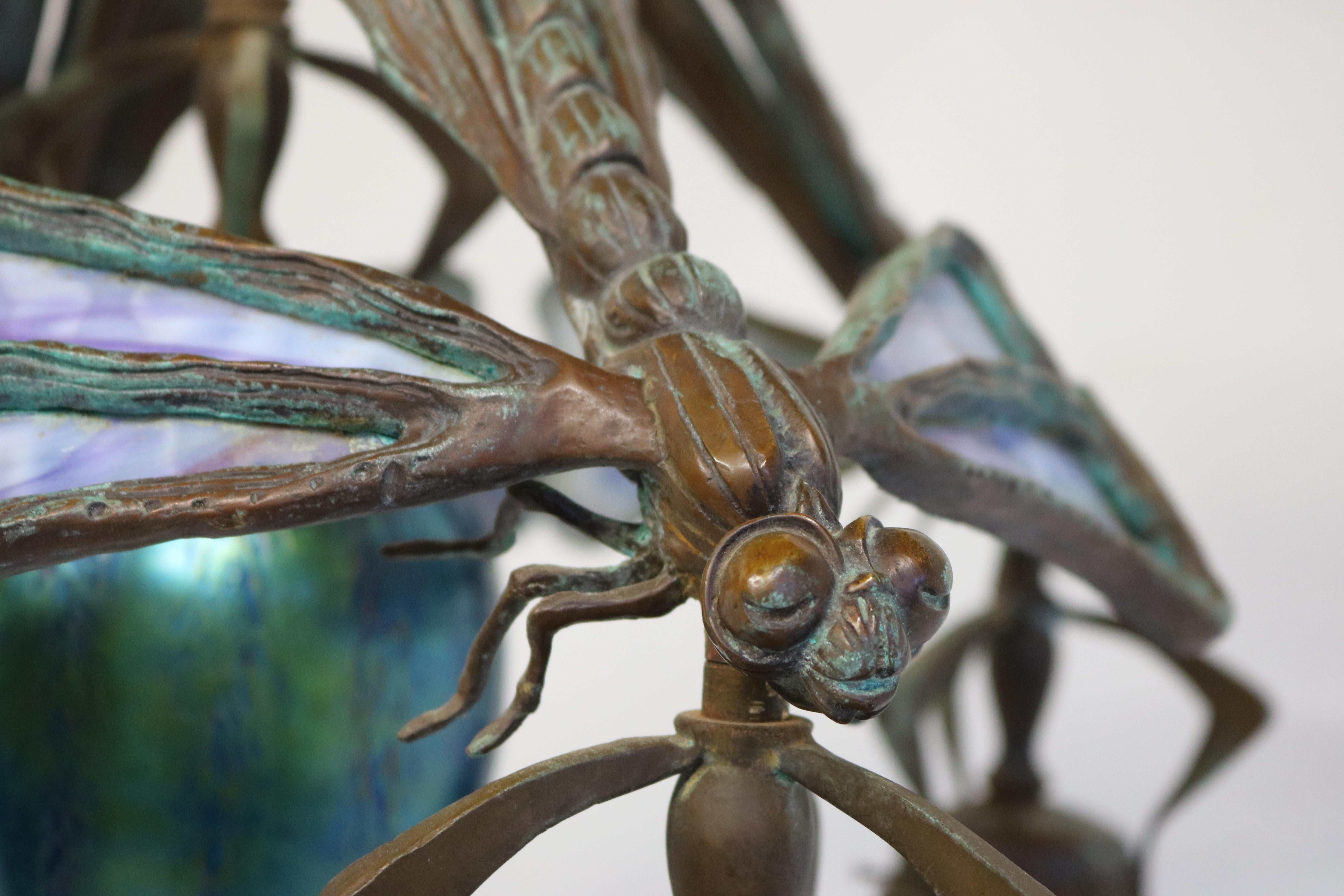 French Art Nouveau dragonfly chandelier 1900 Jugendstil Bronze Iridescent Glass In Good Condition In Ijzendijke, NL
