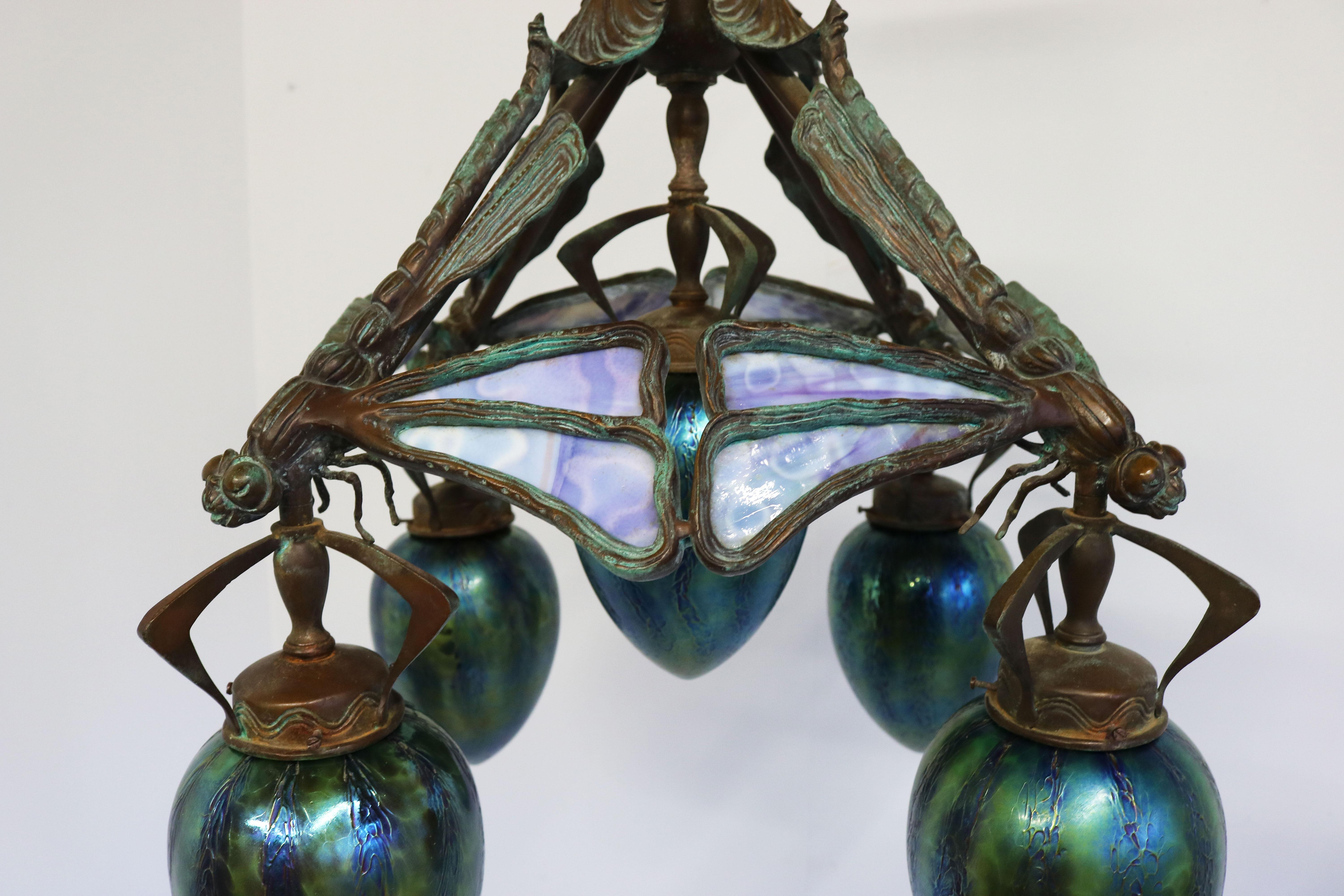 Early 20th Century French Art Nouveau dragonfly chandelier 1900 Jugendstil Bronze Iridescent Glass
