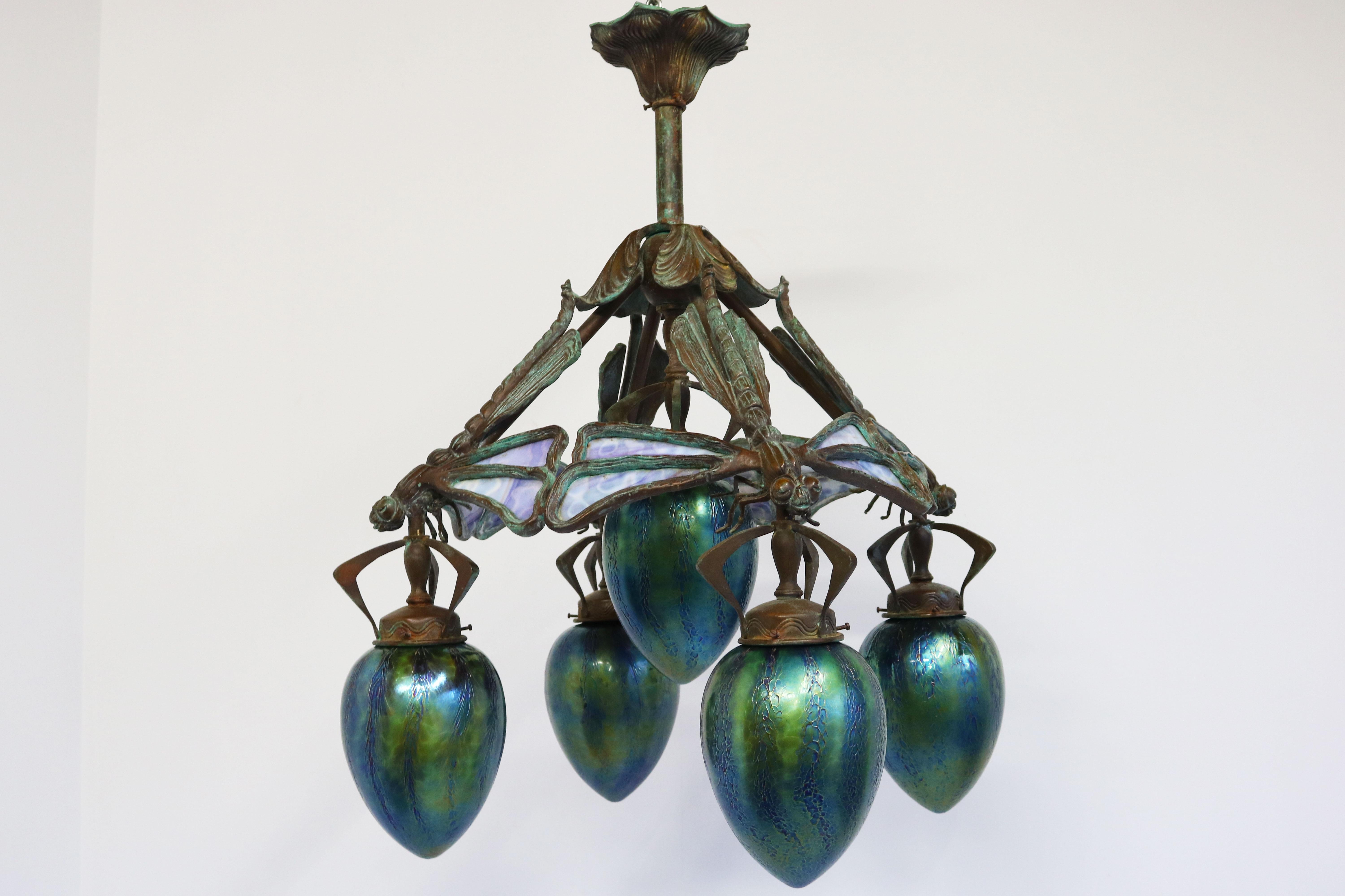 French Art Nouveau dragonfly chandelier 1900 Jugendstil Bronze Iridescent Glass 1