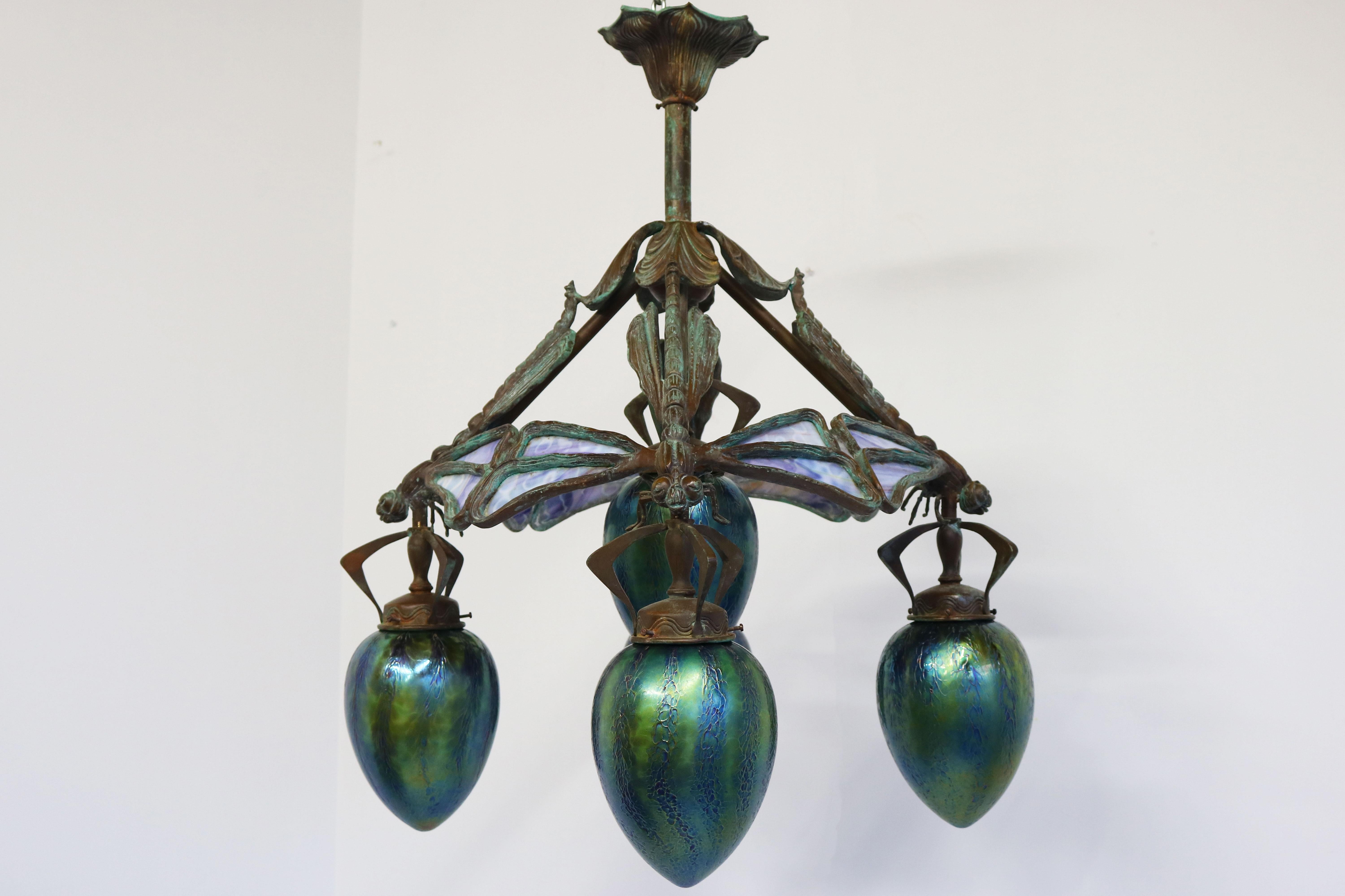 French Art Nouveau dragonfly chandelier 1900 Jugendstil Bronze Iridescent Glass 2