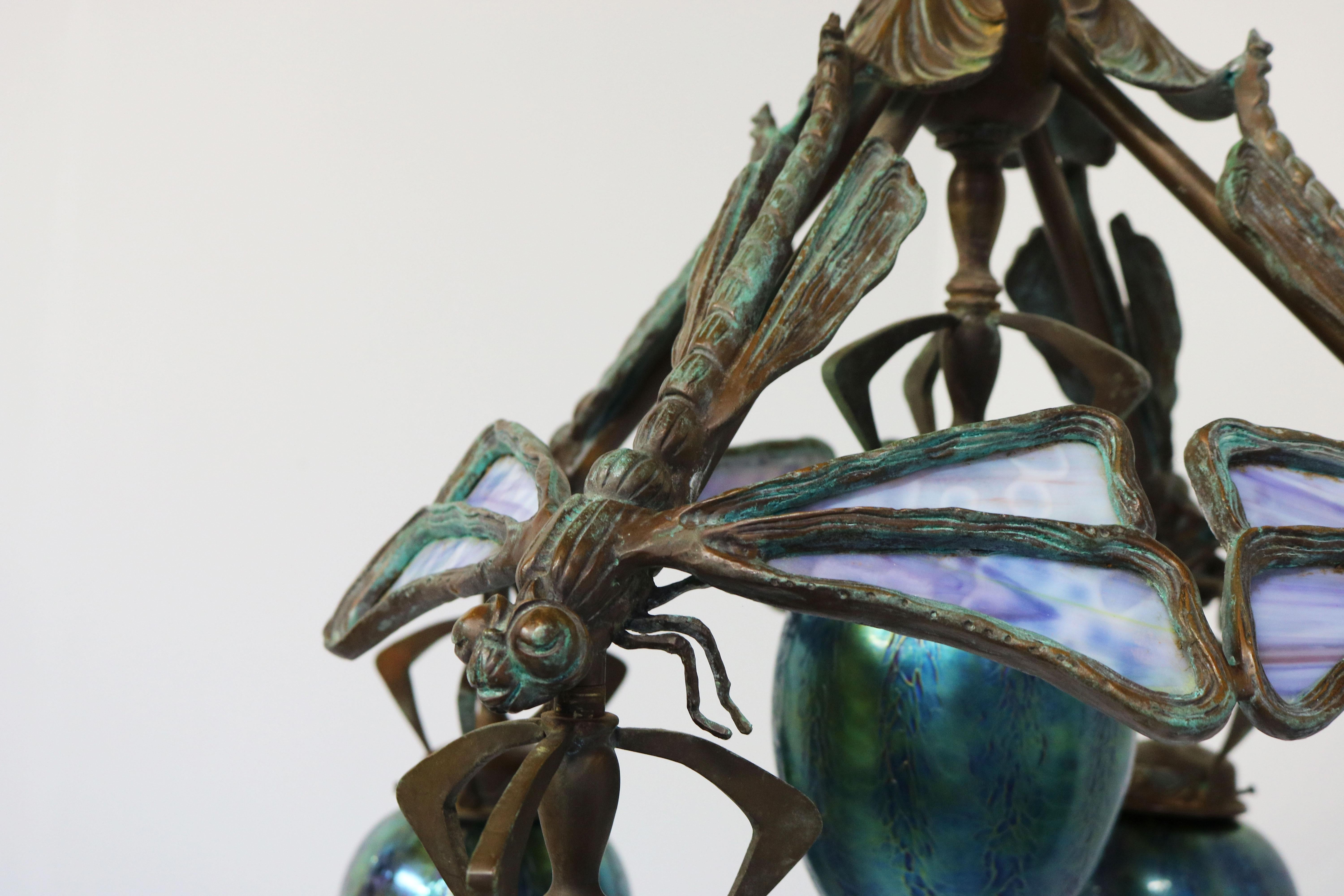 French Art Nouveau dragonfly chandelier 1900 Jugendstil Bronze Iridescent Glass 3