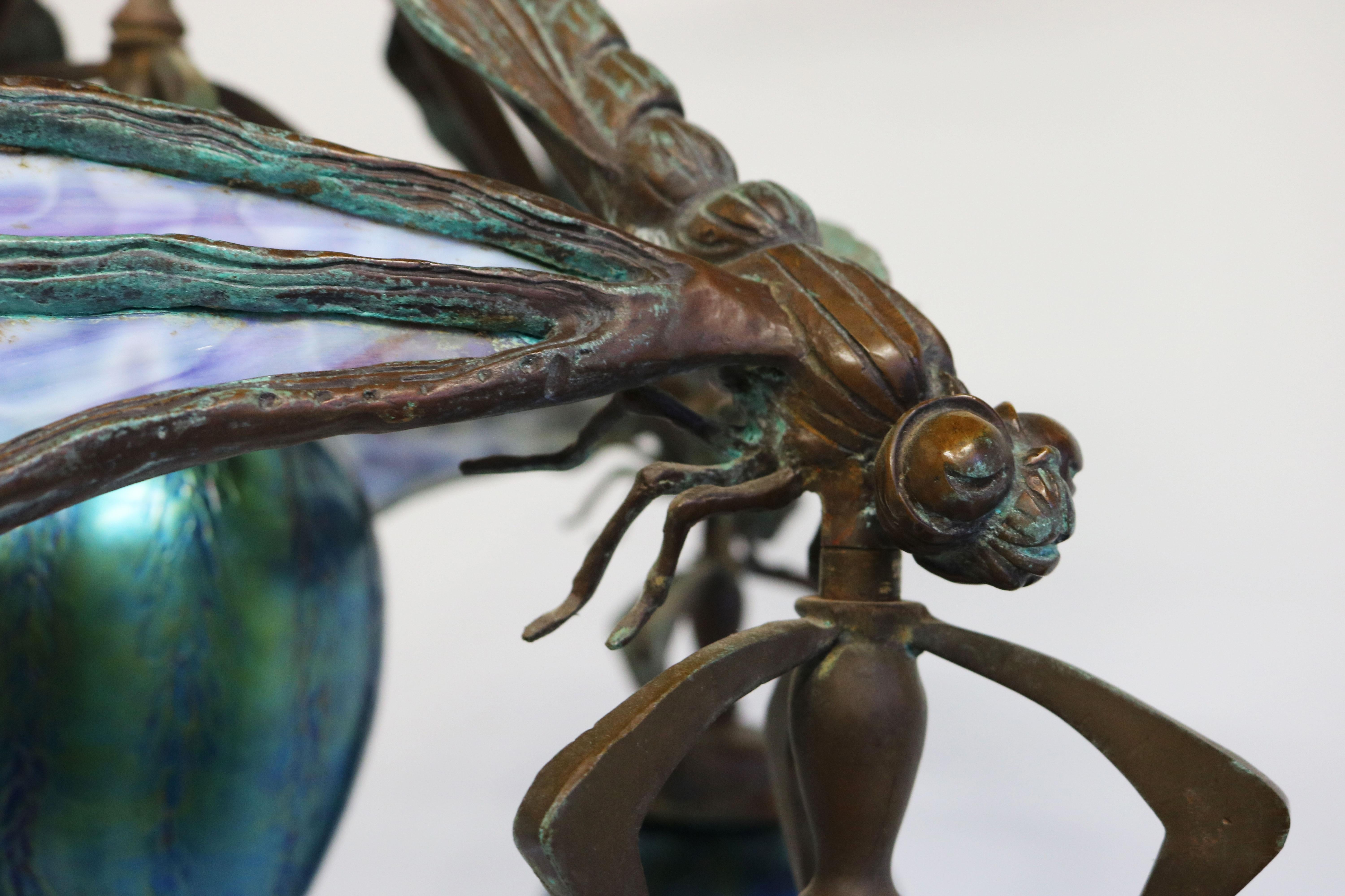 French Art Nouveau dragonfly chandelier 1900 Jugendstil Bronze Iridescent Glass 4