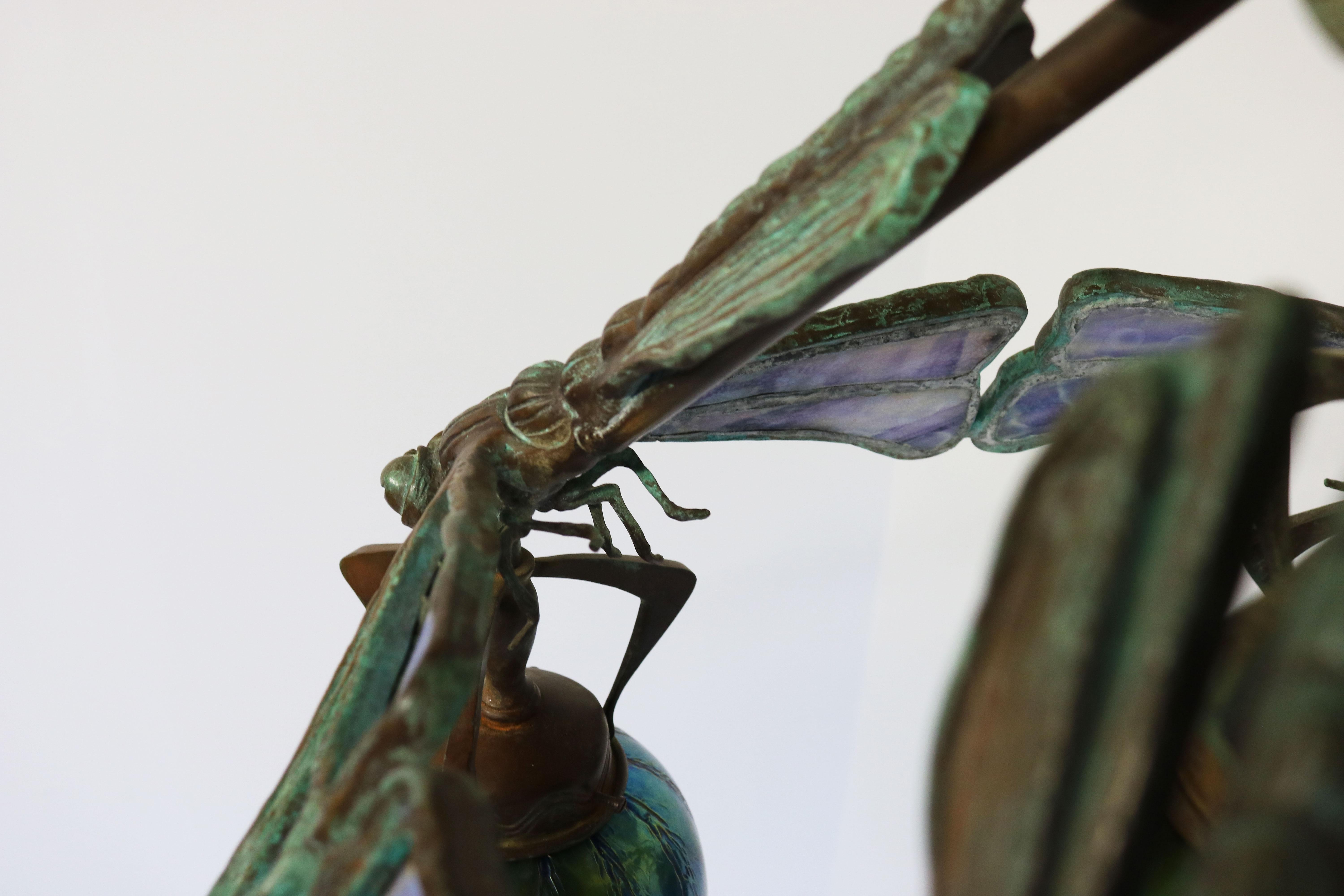 French Art Nouveau dragonfly chandelier 1900 Jugendstil Bronze Iridescent Glass 5