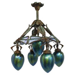 French Art Nouveau dragonfly chandelier 1900 Jugendstil Bronze Iridescent Glass