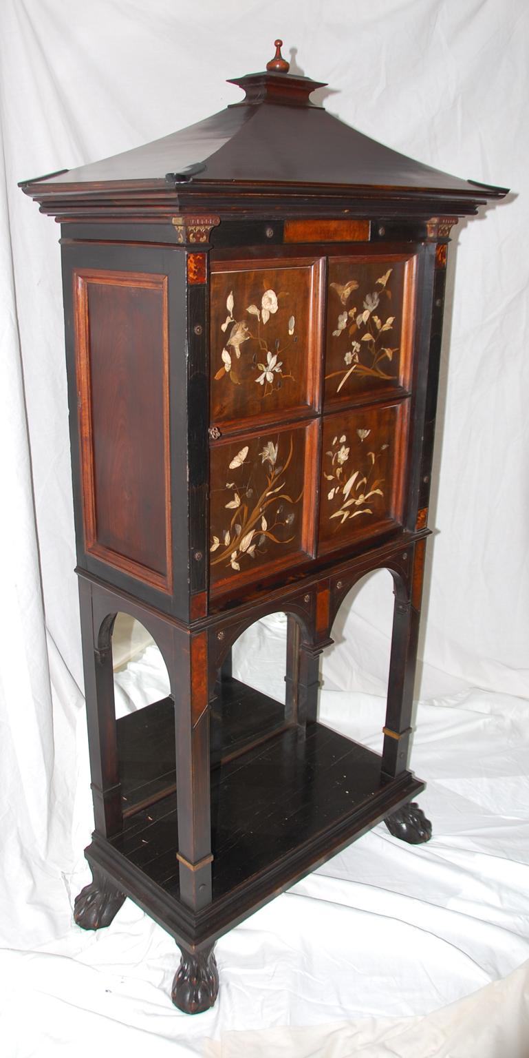 Wood French Art Nouveau Ebonized Cabinet with Inlaid and Overlaid Naturalistic Panels For Sale