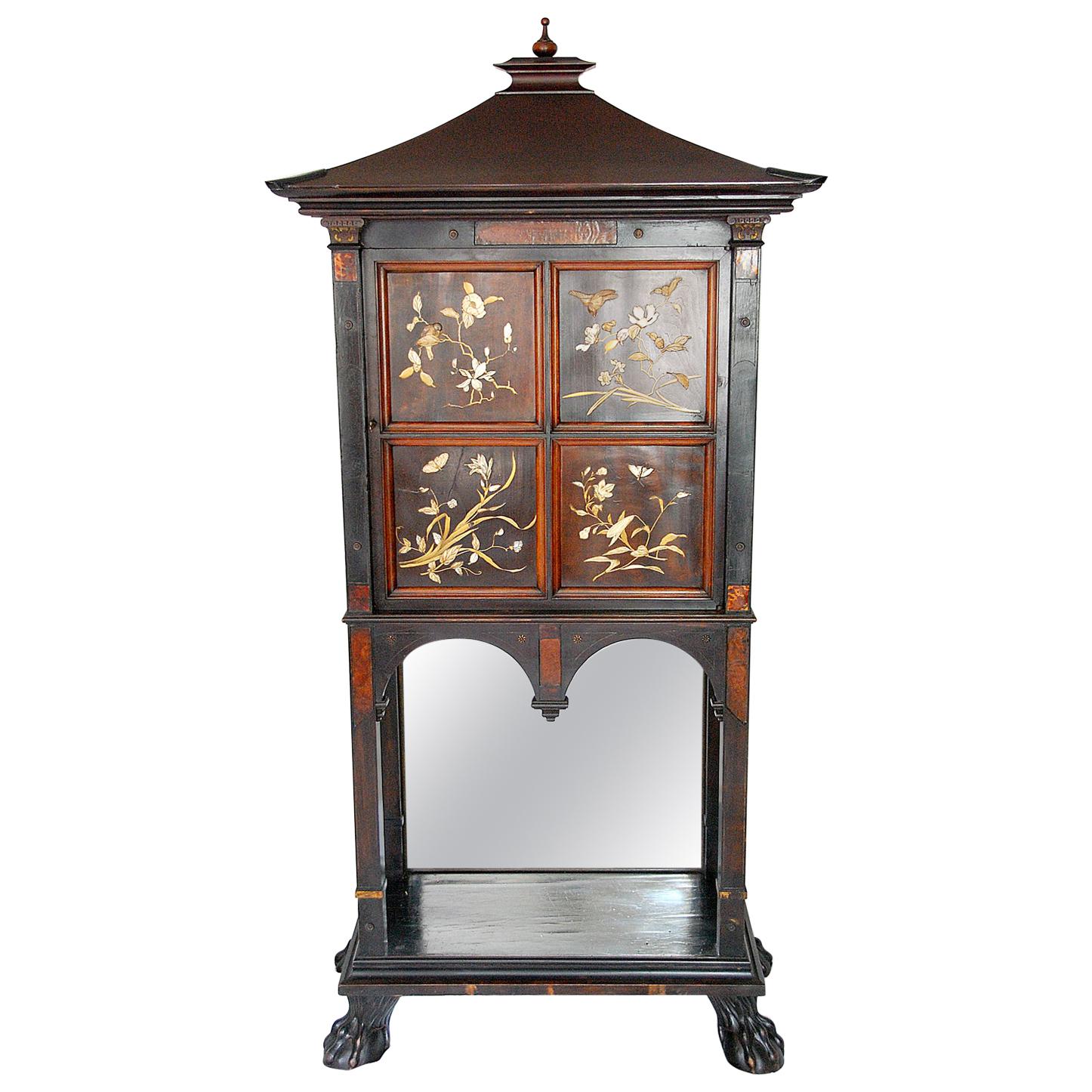 French Art Nouveau Ebonized Cabinet with Inlaid and Overlaid Naturalistic Panels