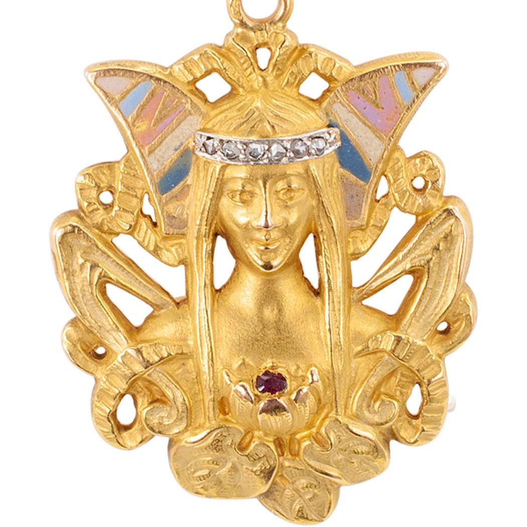 Women's French Art Nouveau Egyptian Revival Rose-Cut Diamond Enamel Ruby Gold Pendant
