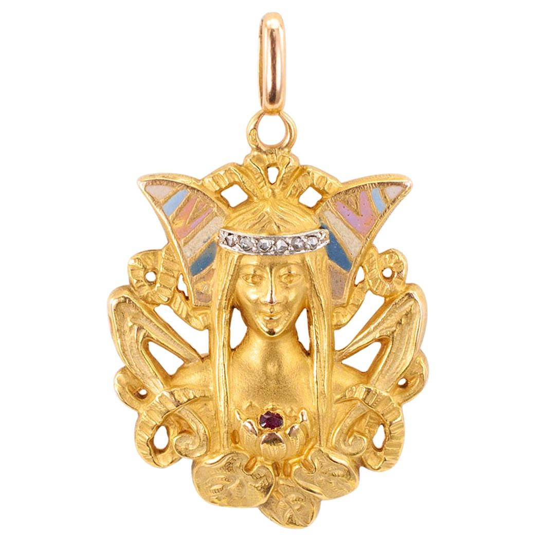 French Art Nouveau Egyptian Revival Rose-Cut Diamond Enamel Ruby Gold Pendant