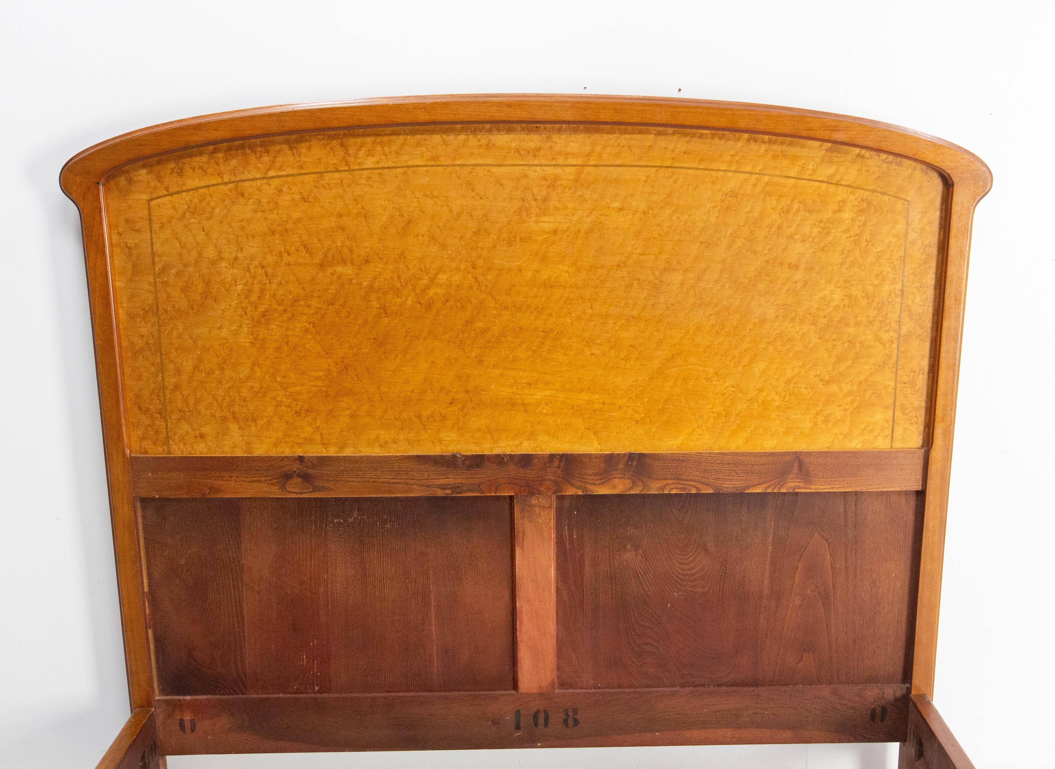 French Art Nouveau Elm Burr Bed Full Size or Double Bed, circa 1900 1