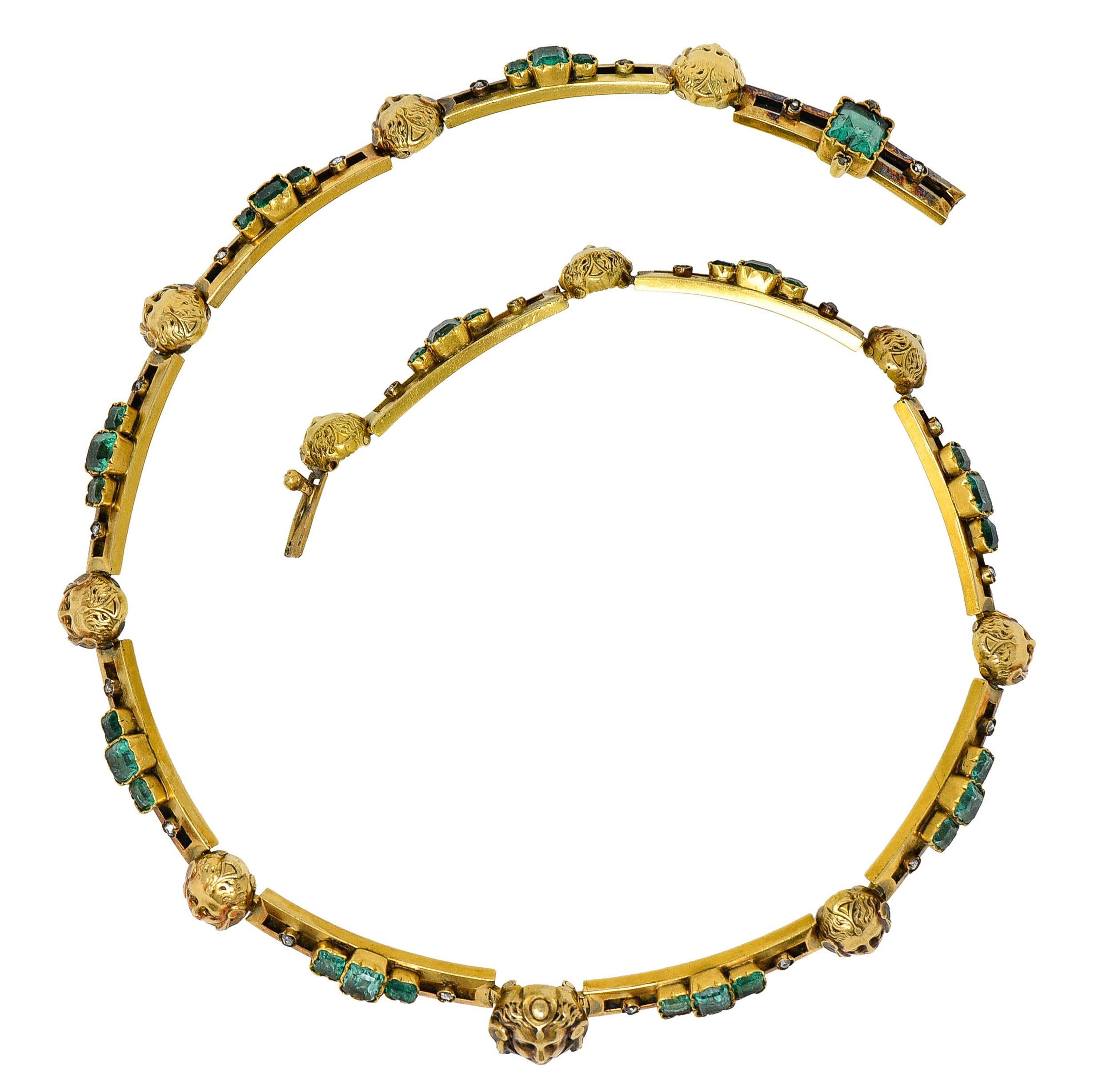 French Art Nouveau Emerald Diamond 18 Karat Gold Figural Collar Necklace 5