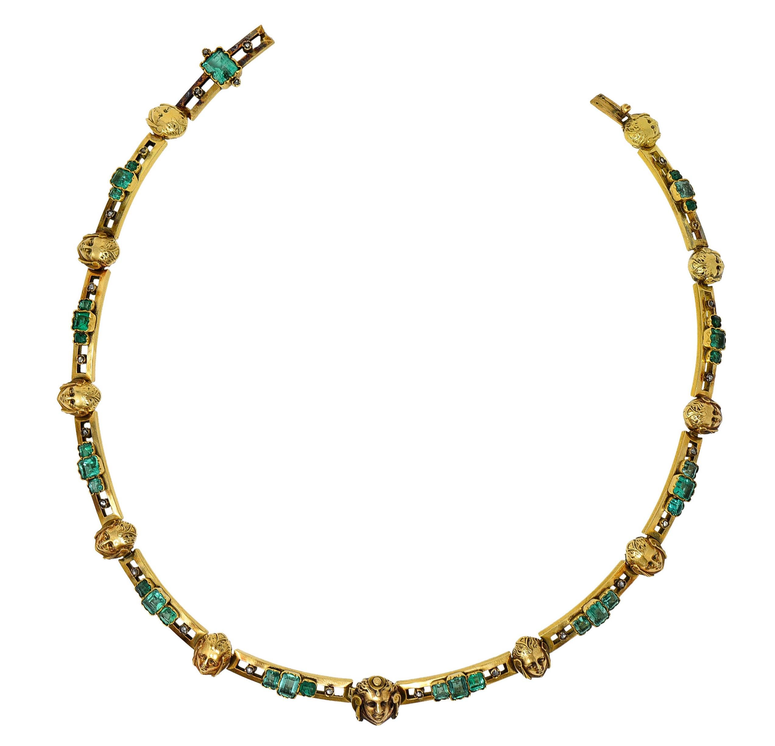 Collar necklace is designed as pierced bar links alternating with highly rendered stations

Stations depict a female face adorned by a scrolled headdress with center face larger and more detailed

Center face has an optional bale that folds down to