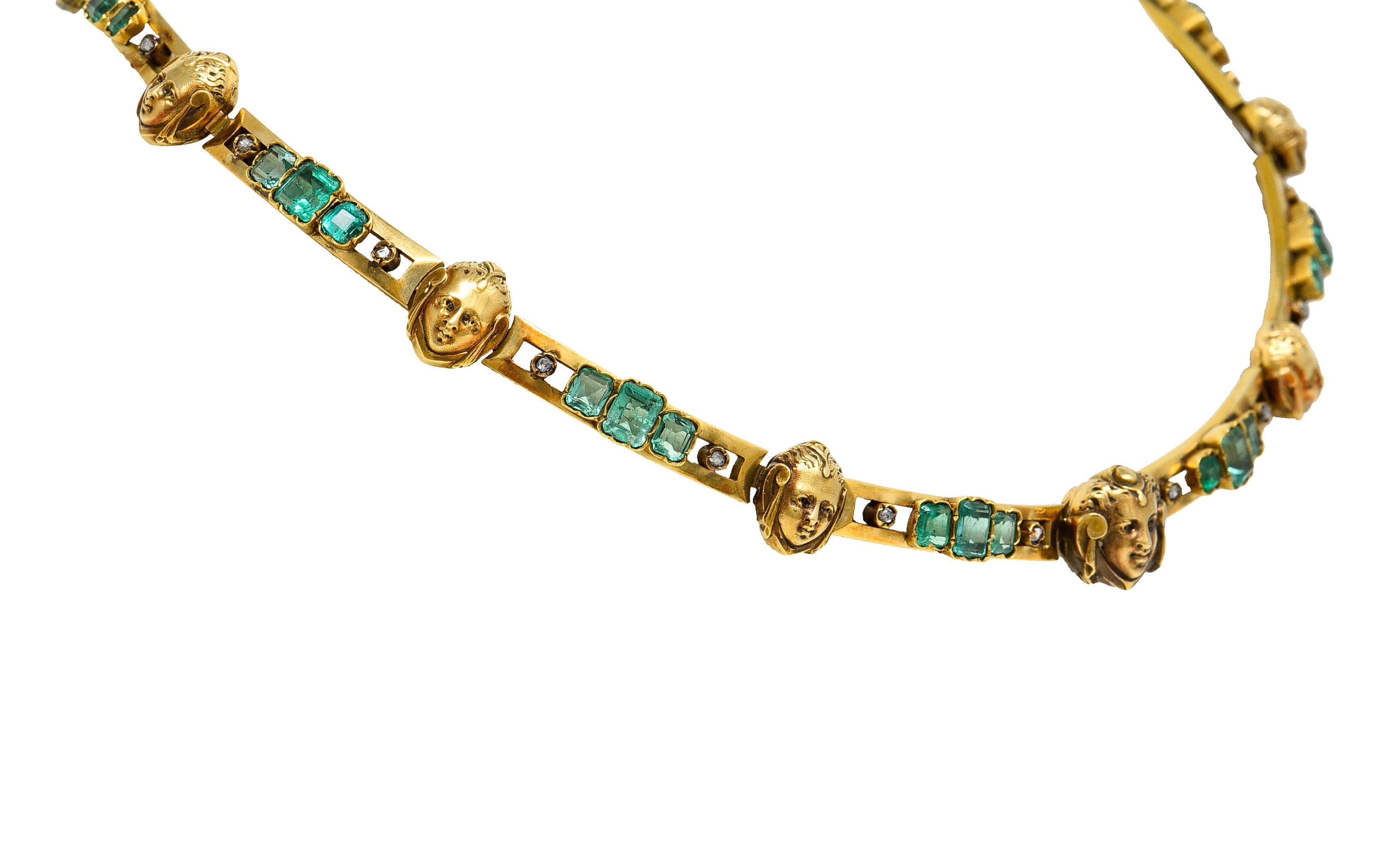 Emerald Cut French Art Nouveau Emerald Diamond 18 Karat Gold Figural Collar Necklace
