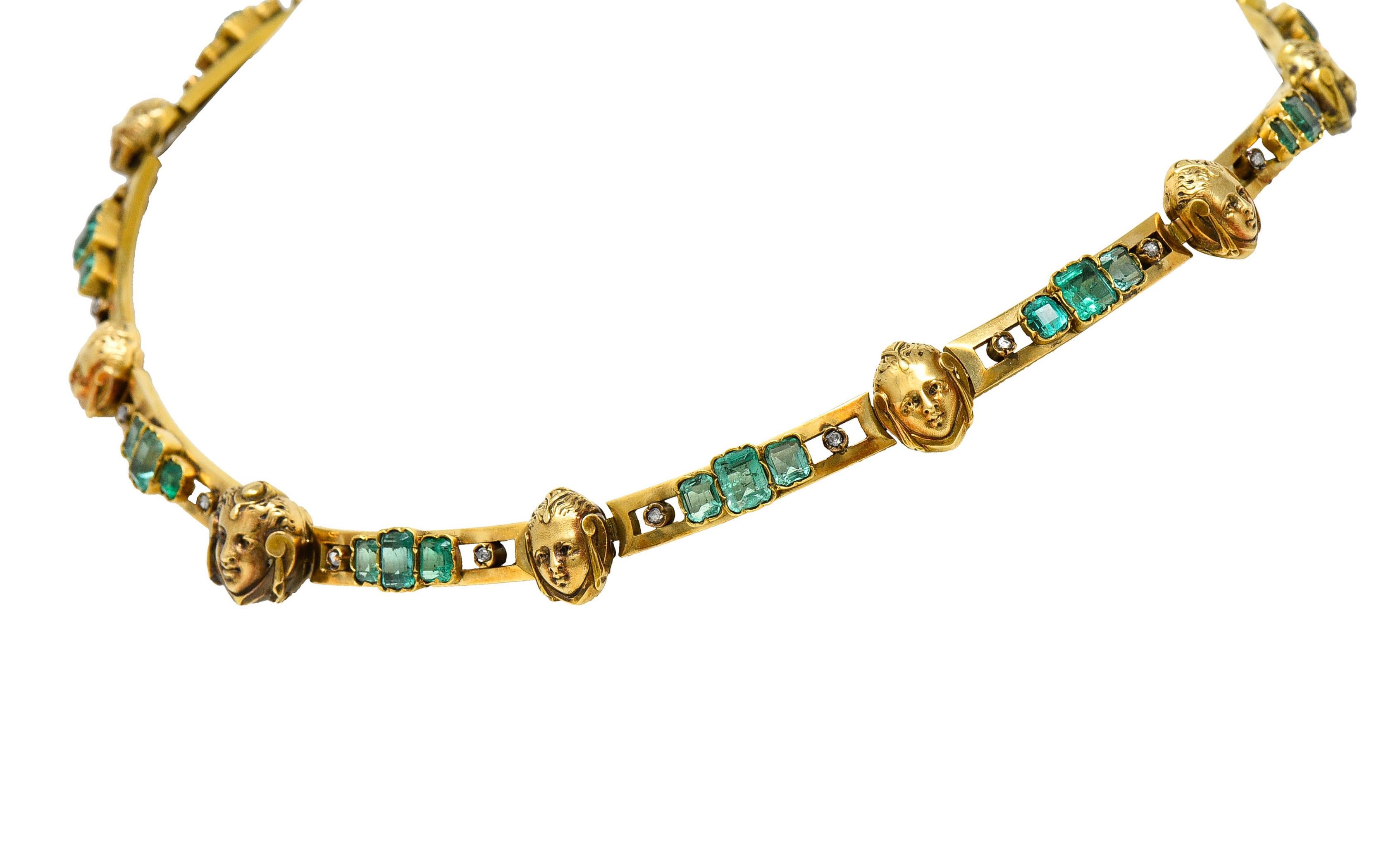 Women's or Men's French Art Nouveau Emerald Diamond 18 Karat Gold Figural Collar Necklace