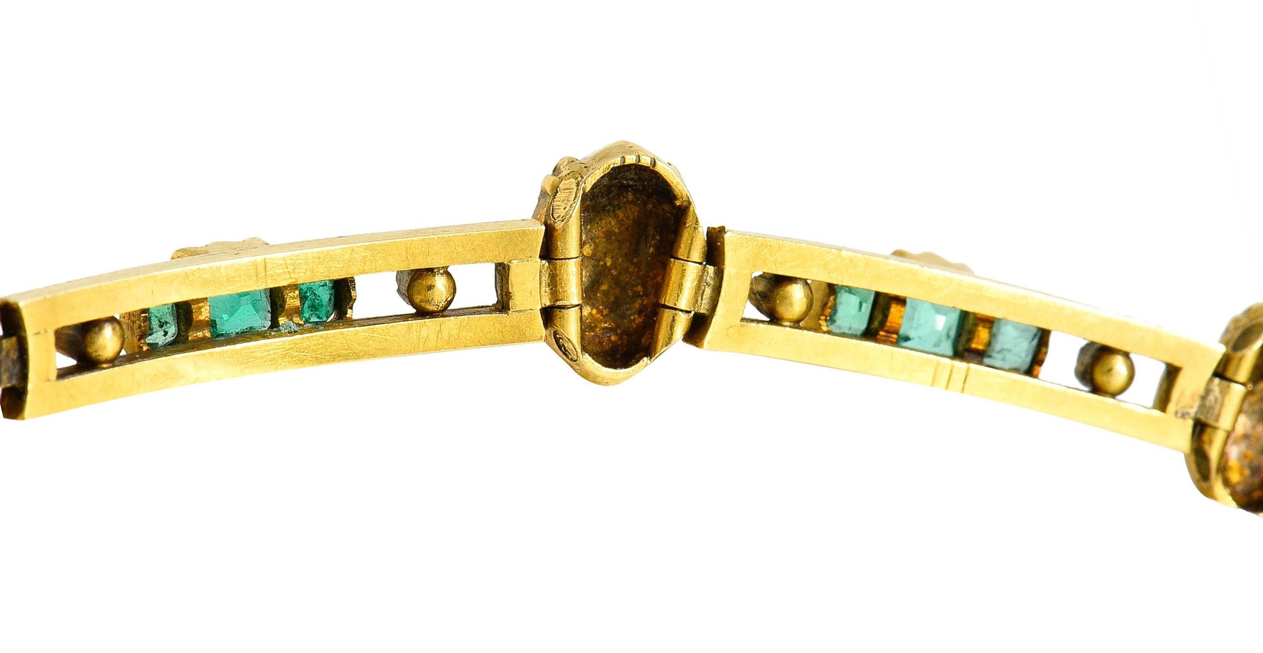 French Art Nouveau Emerald Diamond 18 Karat Gold Figural Collar Necklace 1