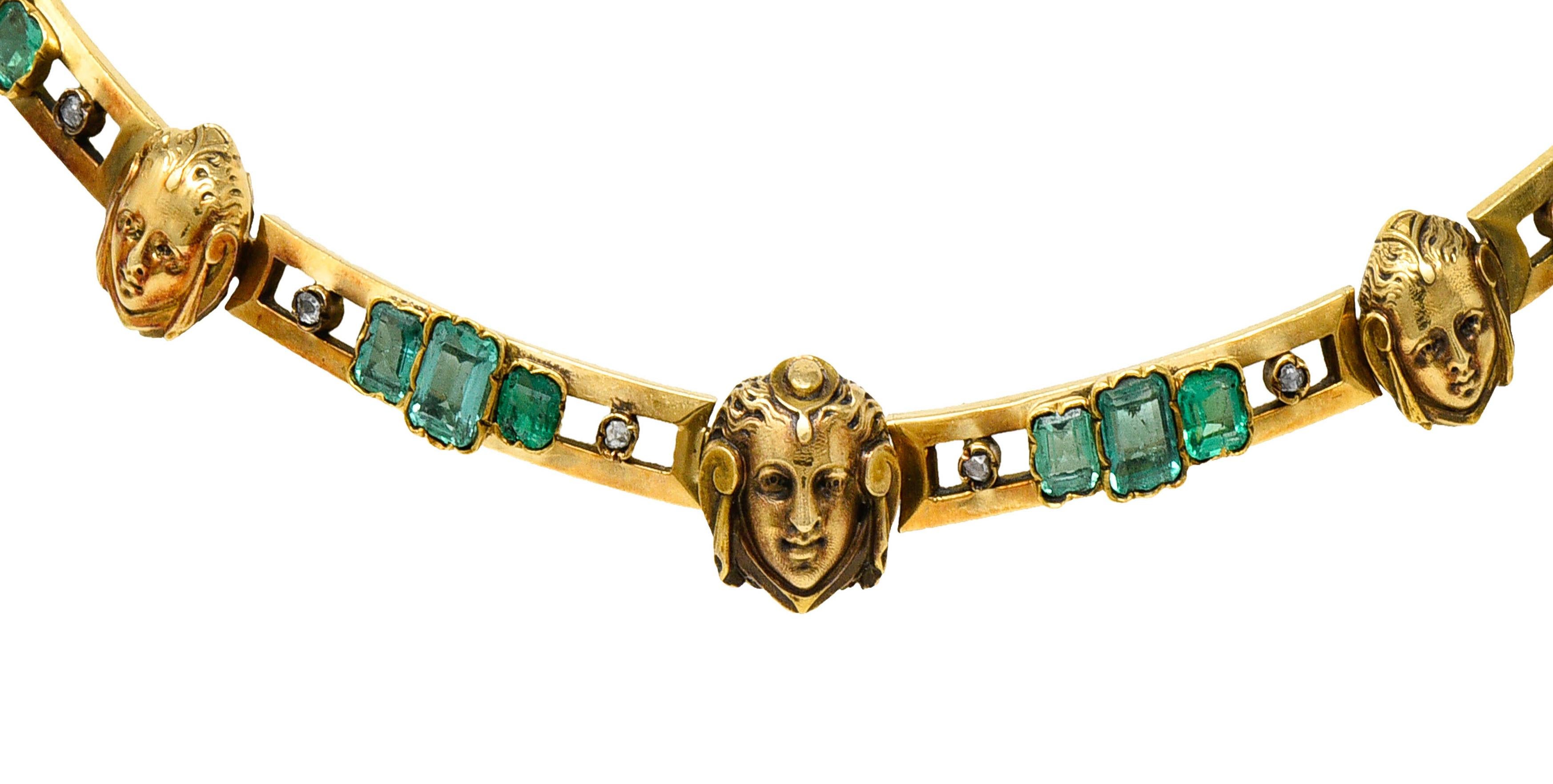 French Art Nouveau Emerald Diamond 18 Karat Gold Figural Collar Necklace 2