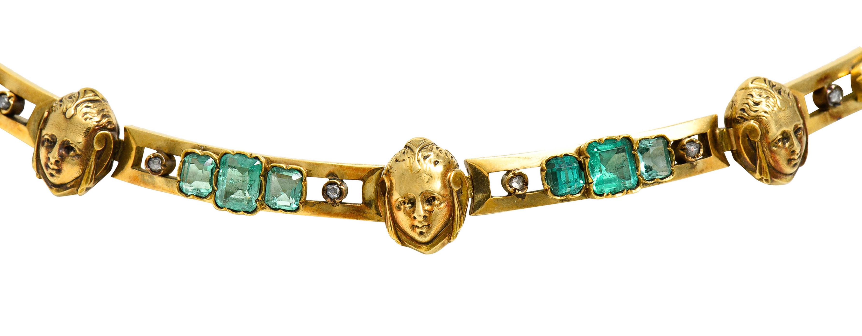 French Art Nouveau Emerald Diamond 18 Karat Gold Figural Collar Necklace 3