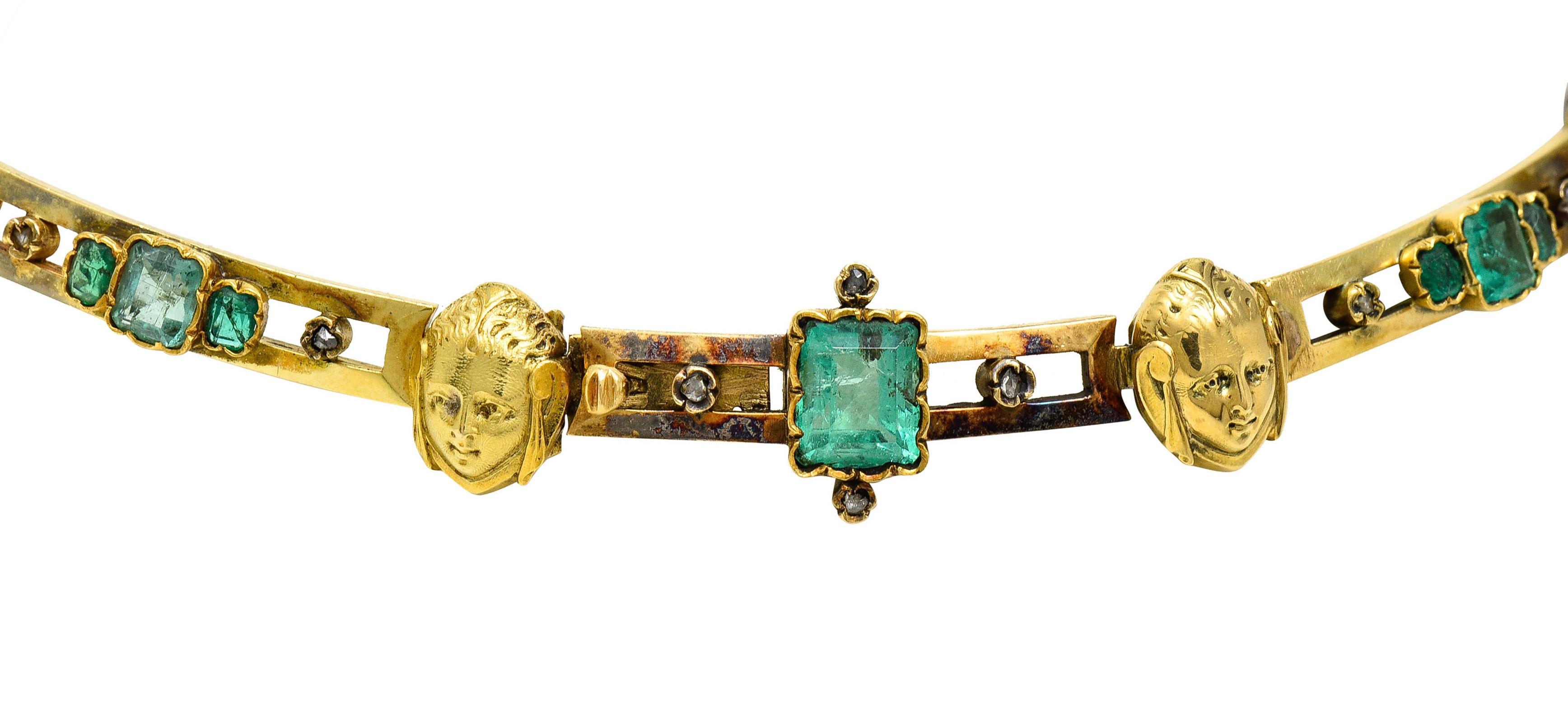 French Art Nouveau Emerald Diamond 18 Karat Gold Figural Collar Necklace 4