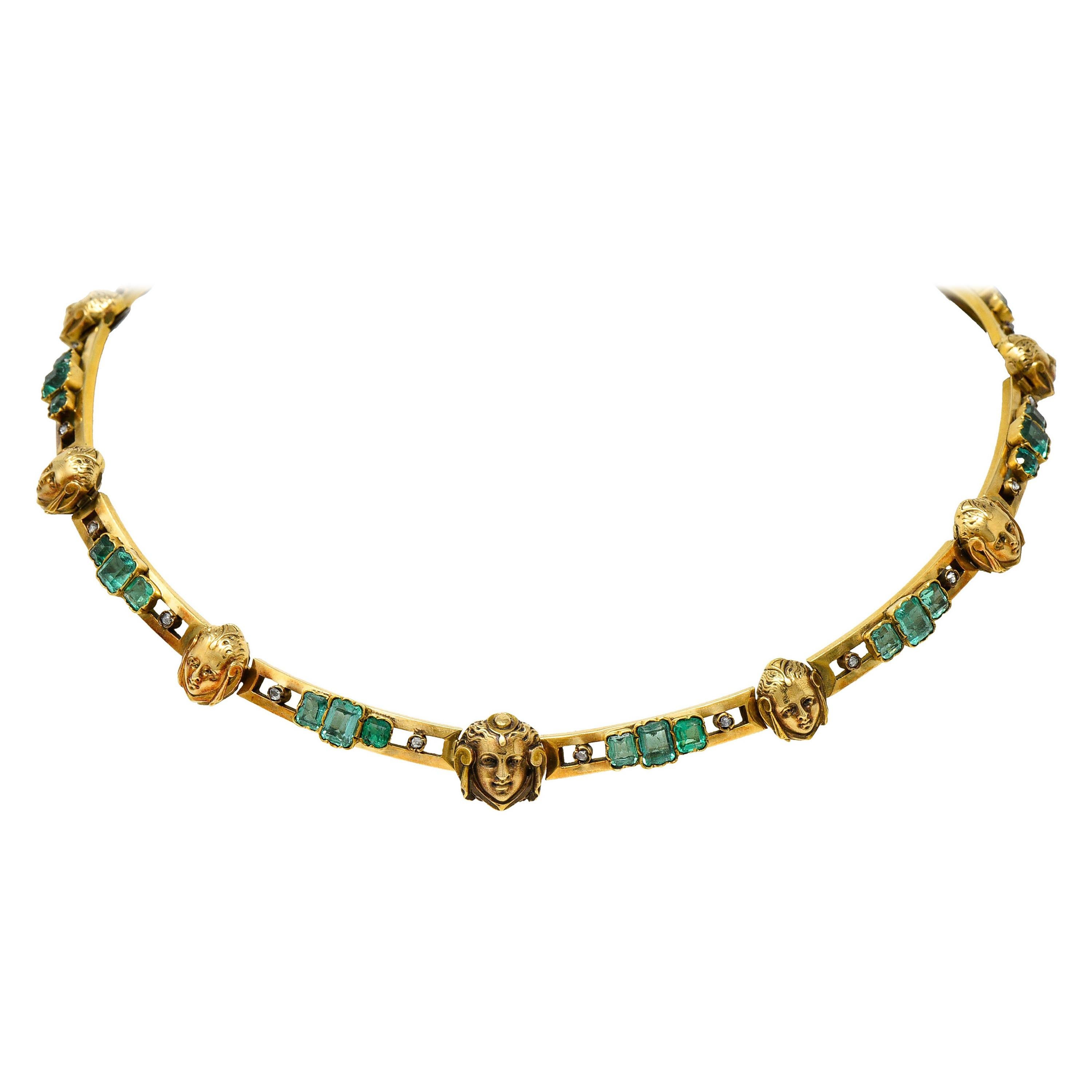 French Art Nouveau Emerald Diamond 18 Karat Gold Figural Collar Necklace