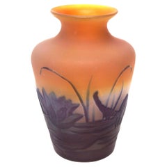 Antique French Art Nouveau Emile Galle Cameo Aquatic Glass Vase -With Pond Scene  c1920