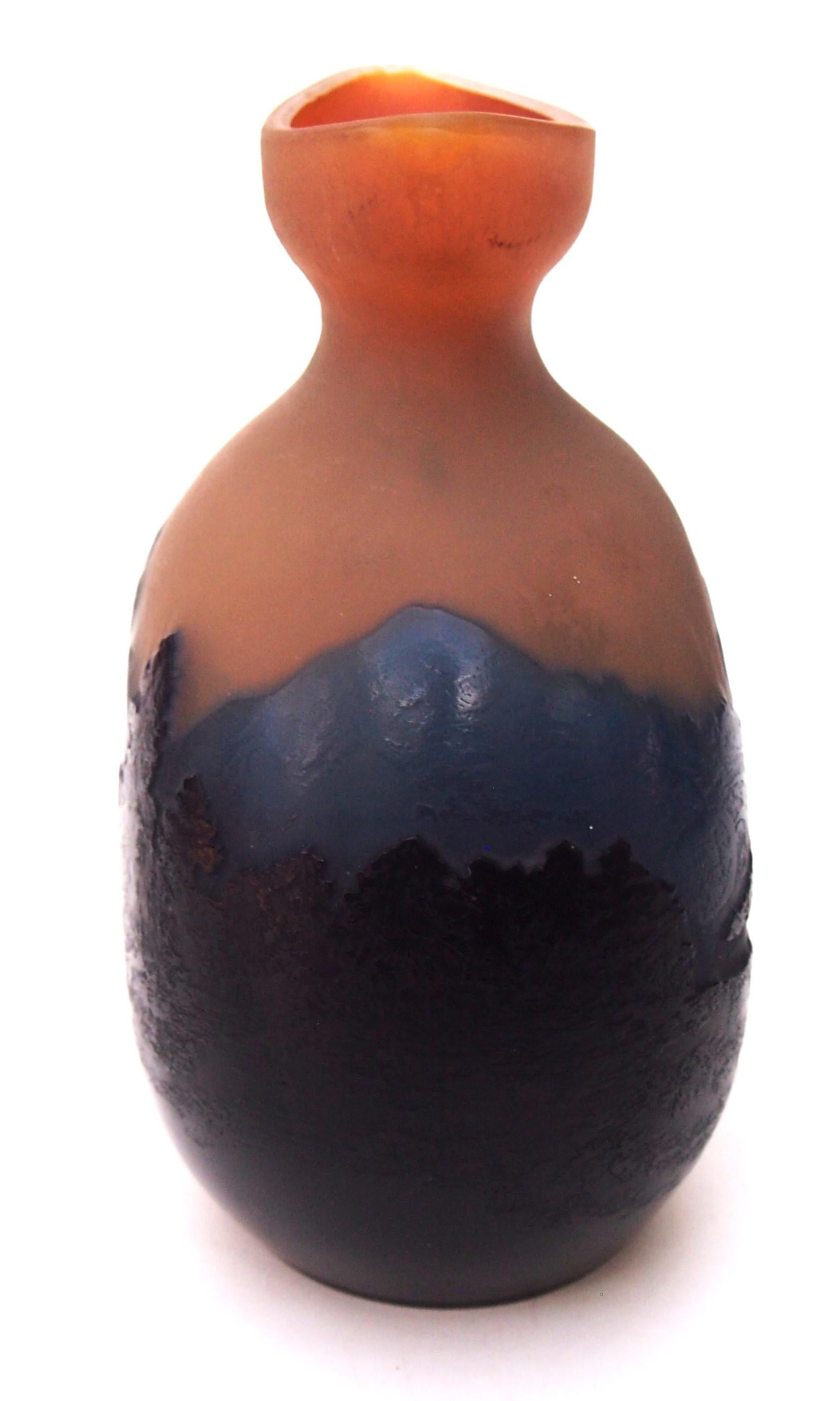 Early 20th Century French Art Nouveau Emile Galle Cameo Glass Blue Mountain Landscape Vase c1920 For Sale
