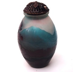 French Art Nouveau Emile Galle Cameo Glass  Blue Mountain Night Light  c1920