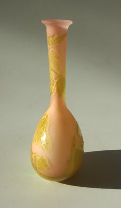 French Art Nouveau Emile Galle Cameo Glass Botanical Banjo Vase, circa 1900