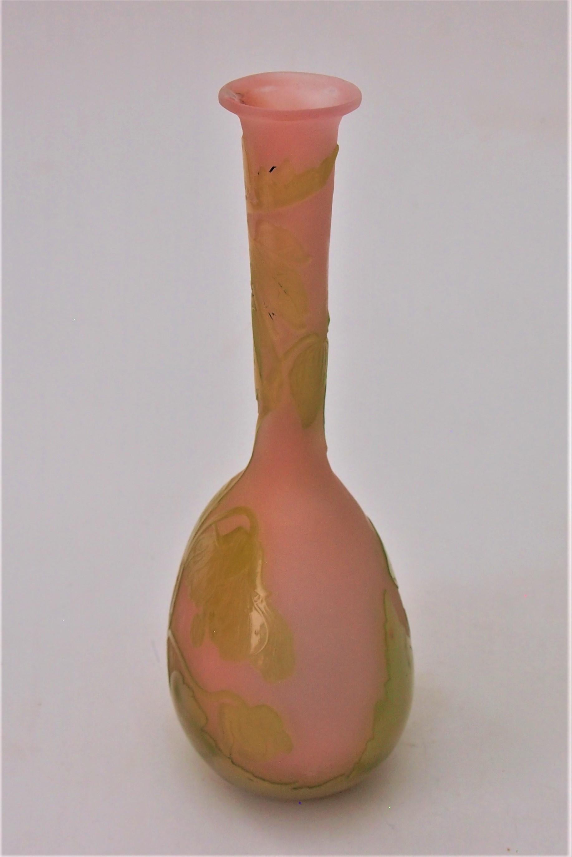 Classic Art Nouveau Emile Galle 'Banjo' vase, depicting blooms in fire polished green over pink, signed in cameo (see picture 3) -Provost Mark I -see chart -last picture. Emile Galle Cameo Banjo vases (so called because they vaguely resemble that