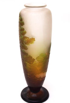 French Art Nouveau Emile Galle Cameo Glass Green and Brown Landscape Vase c1920