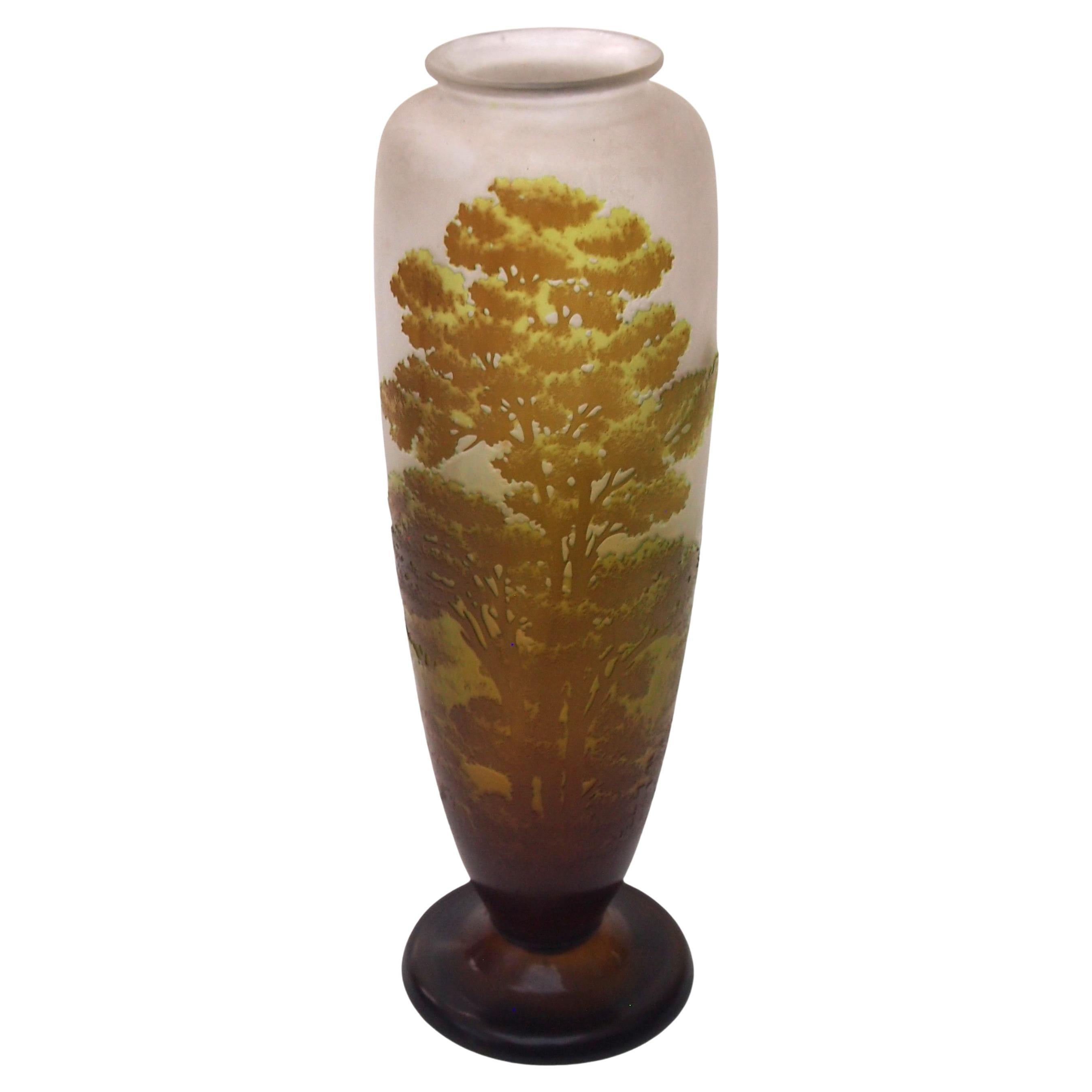 French Art Nouveau Emile Galle Cameo Glass Green and Brown Landscape Vase c1920