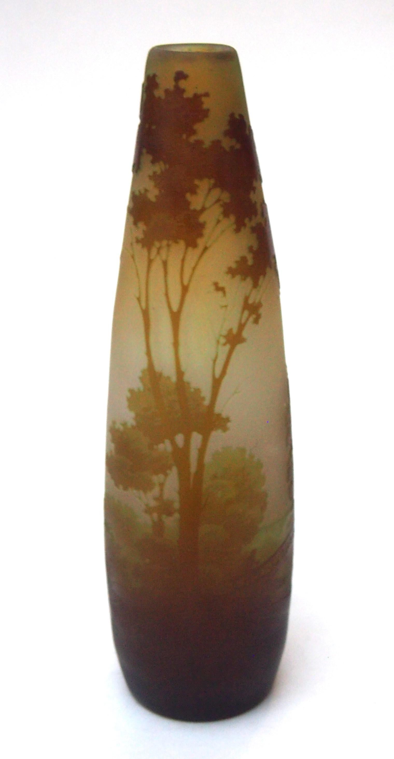 Early 20th Century French Art Nouveau Emile Galle Cameo Glass  Man on Bridge Landscape Vase c1920 For Sale