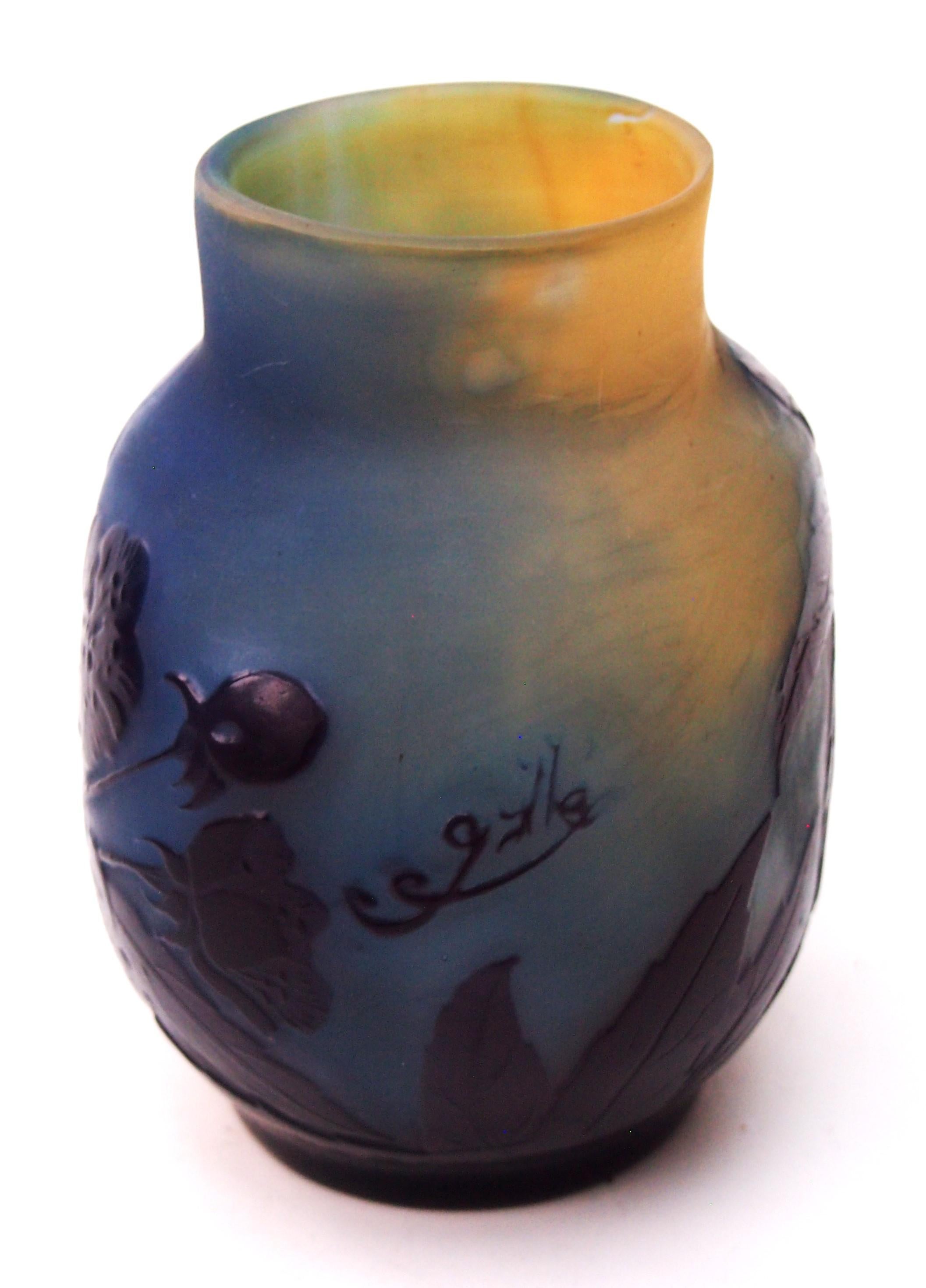Rare Art Nouveau Emile Galle Cameo botanical vase, depicting flowers, in purple over blue and yellow. The flowers are set mostly against a dark blue background giving the illusion of them being lit by moonlight - This is a known but rare effect done
