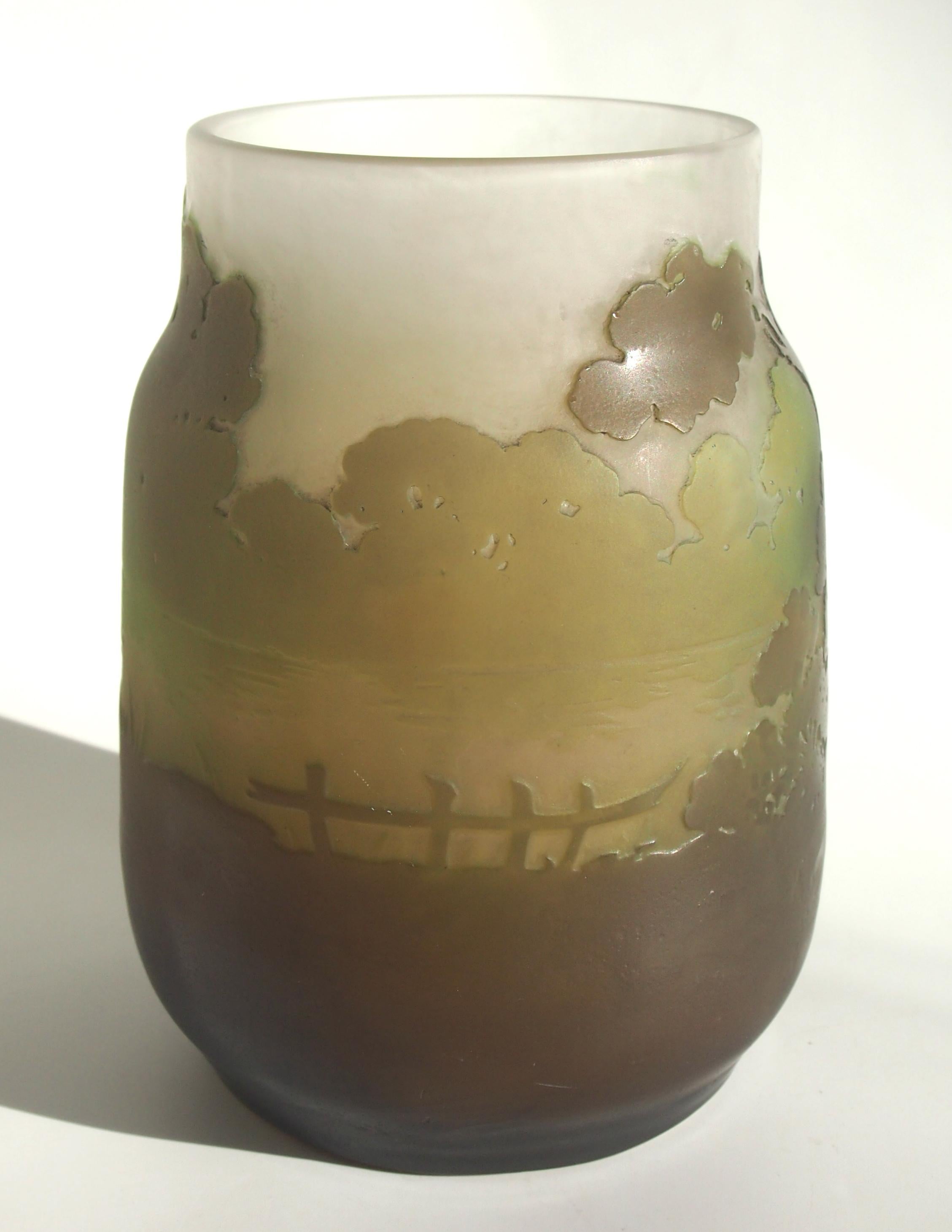 Early 20th Century French Art Nouveau Emile Galle Cameo Glass 'Morning Mist' Landscape Vase c1900 For Sale