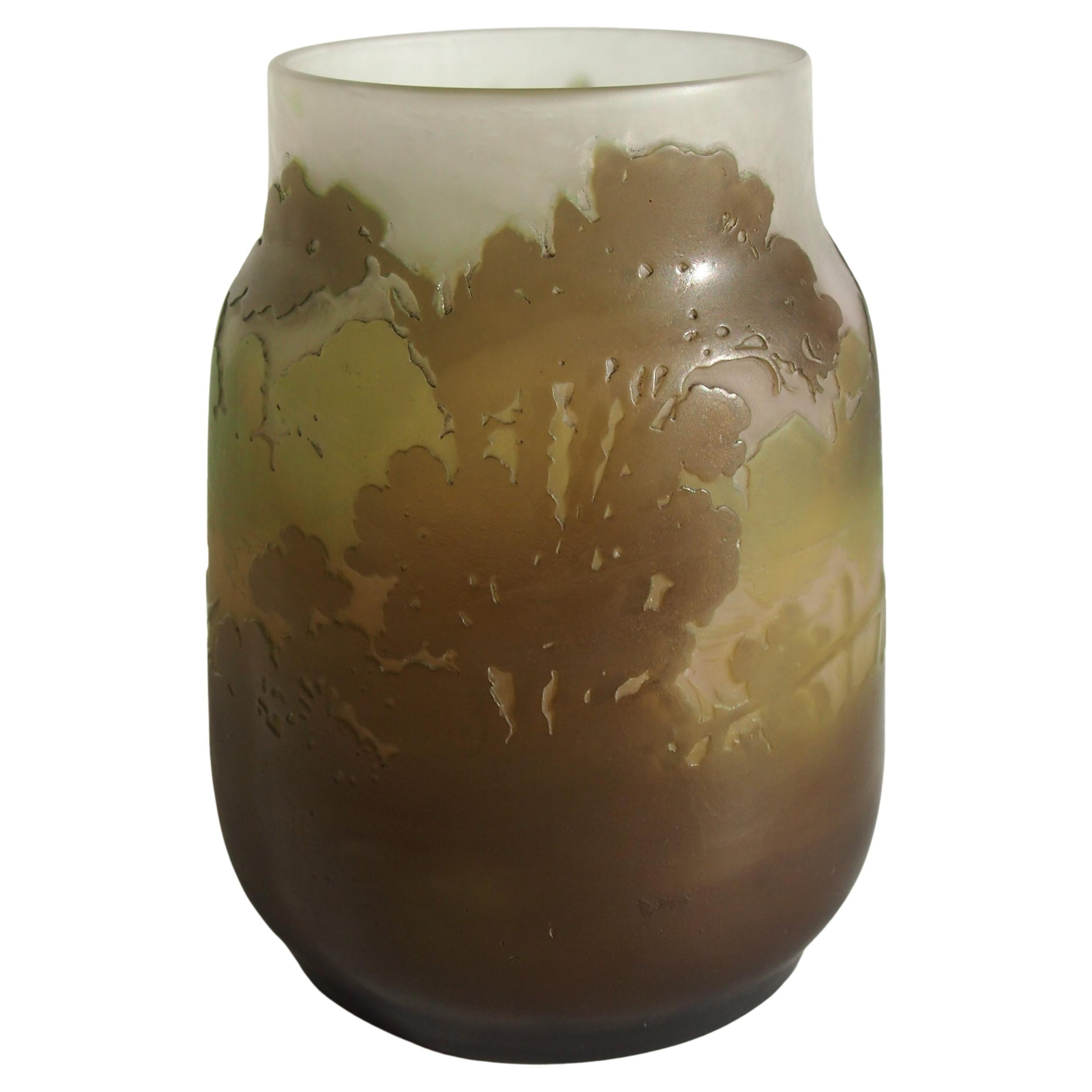 French Art Nouveau Emile Galle Cameo Glass 'Morning Mist' Landscape Vase c1900 For Sale