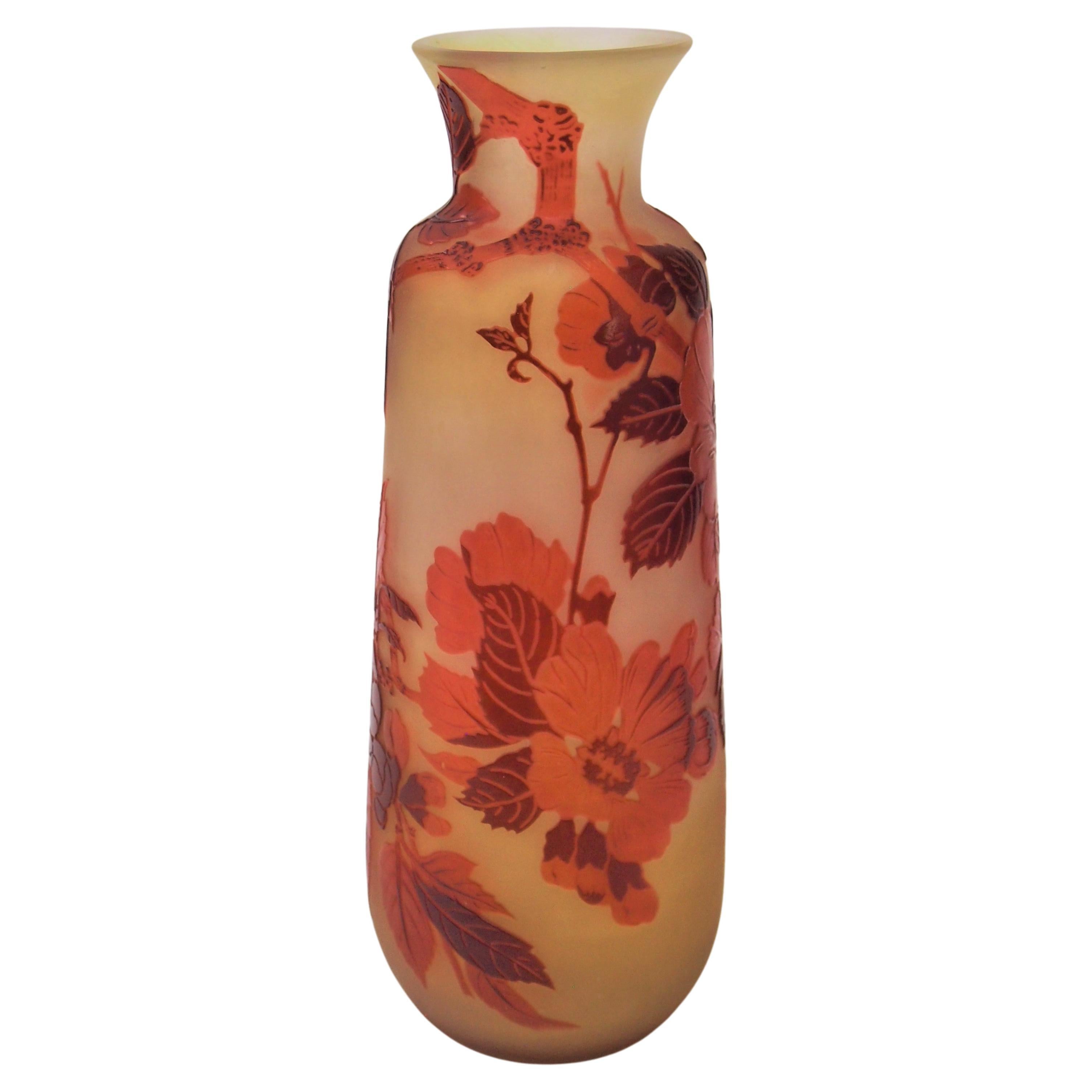 French Art Nouveau Emile Galle Cameo Glass Prunus Blossom Vase, circa 1920 For Sale